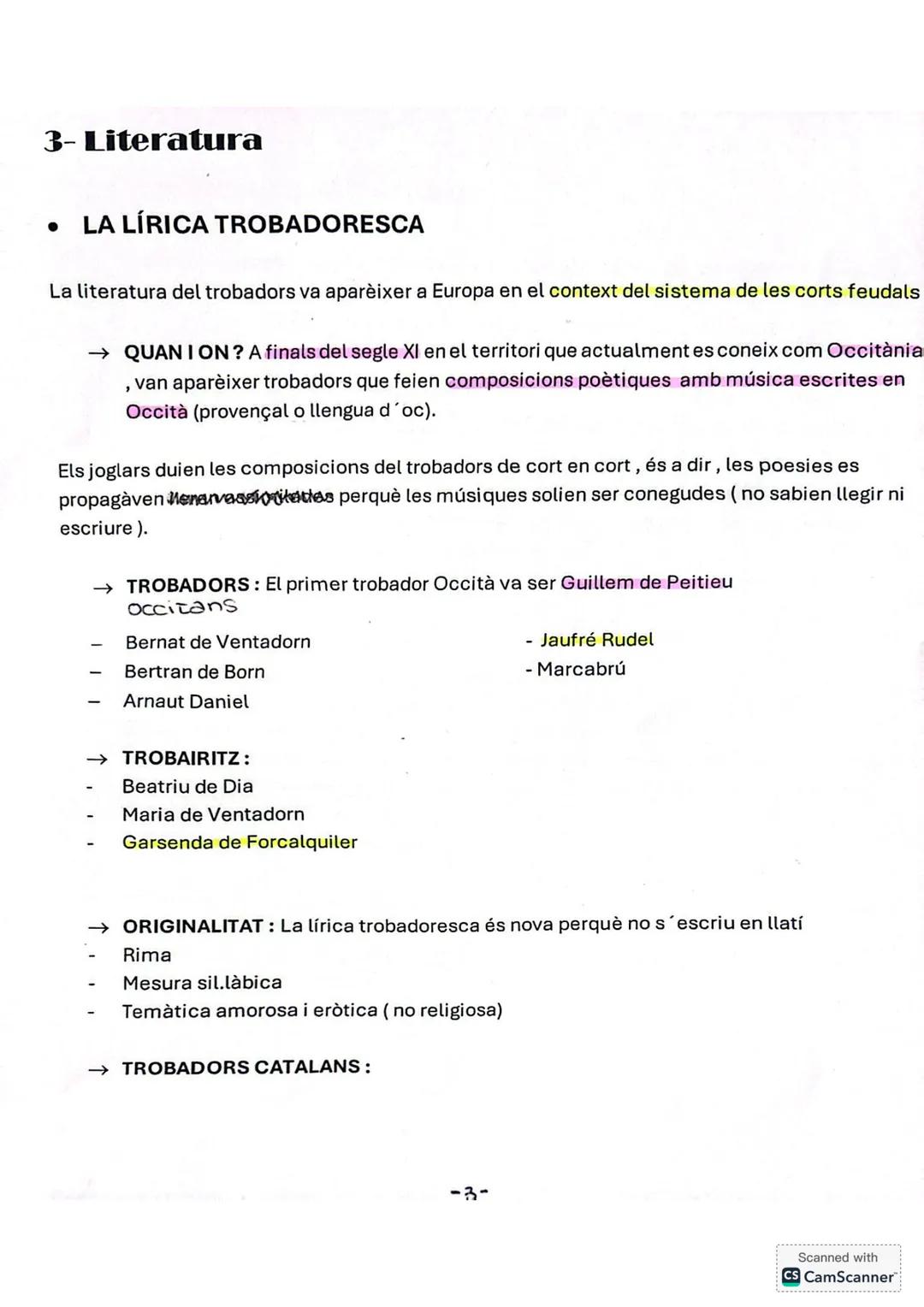 3- Literatura
• LA LÍRICA TROBADORESCA
La literatura del trobadors va aparèixer a Europa en el context del sistema de les corts feudals
→