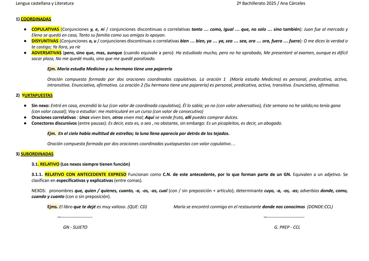Lengua castellana y Literatura
1) COORDINADAS
.
.
COPULATIVAS (Conjunciones y, e, ni / conjunciones discontinuas o correlativas tanto
Elena