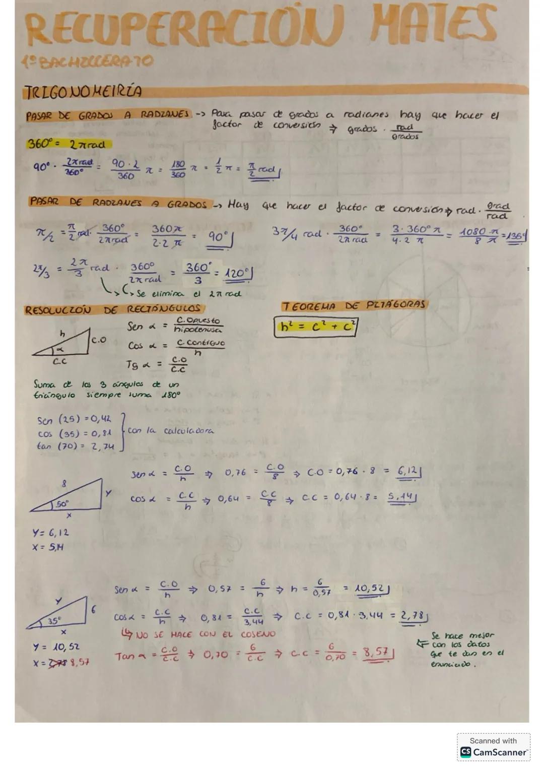 RECUPERACION MATES
1BACHILLERATO
TRIGONOMETRÍA
PASAR DE GRADOS A RADZANES -> Para pasar de grados a radianes hay que hacer el
factor de conv