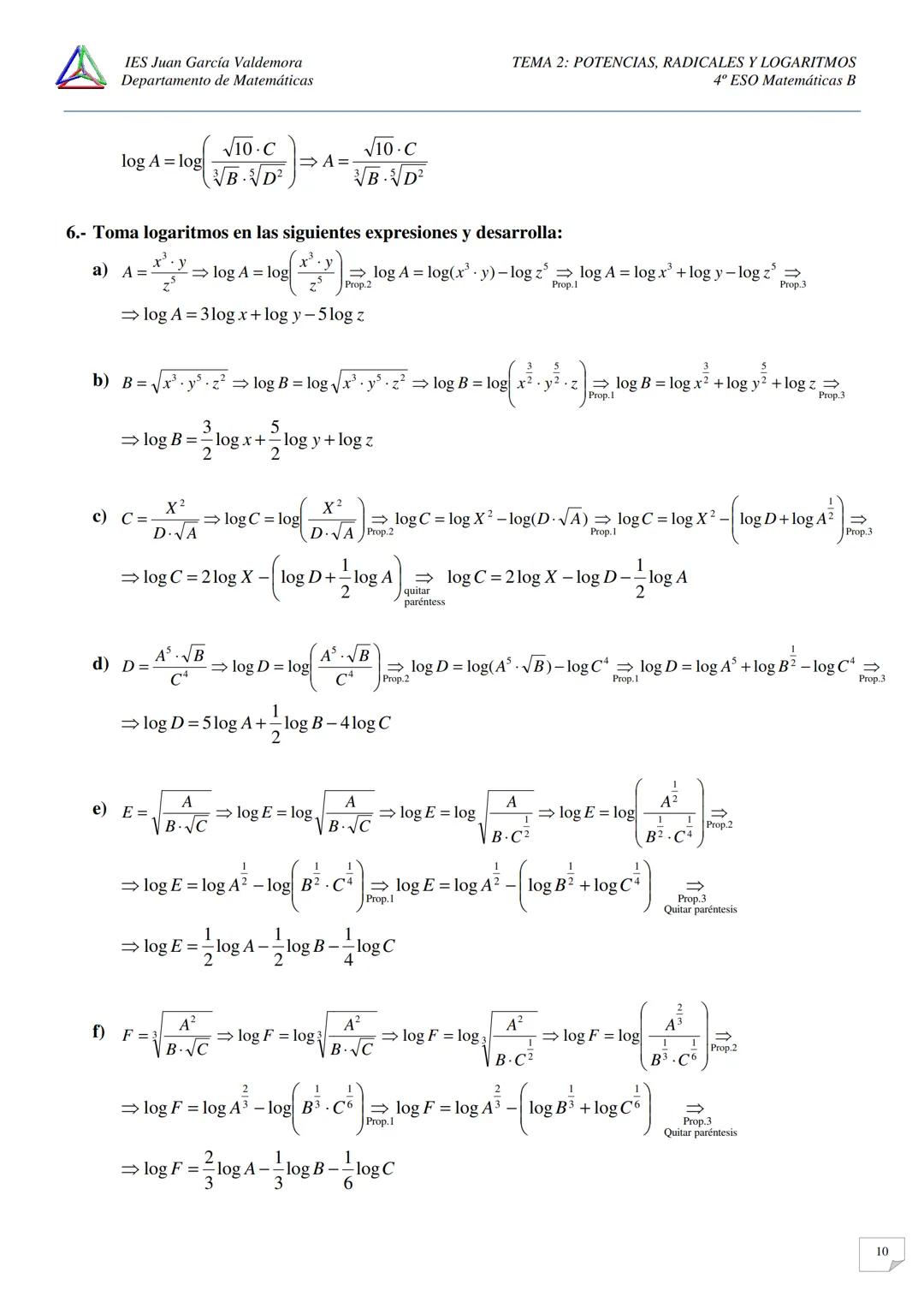 IES Juan García Valdemora
Departamento de Matemáticas
TEMA 2: POTENCIAS, RADICALES Y LOGARITMOS
4º ESO Matemáticas B
EJERCICIOS LOGARITMOS.