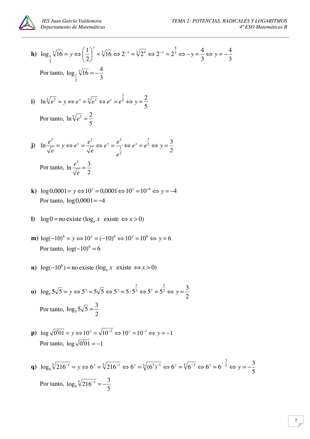 IES Juan García Valdemora
Departamento de Matemáticas
TEMA 2: POTENCIAS, RADICALES Y LOGARITMOS
4º ESO Matemáticas B
EJERCICIOS LOGARITMOS.