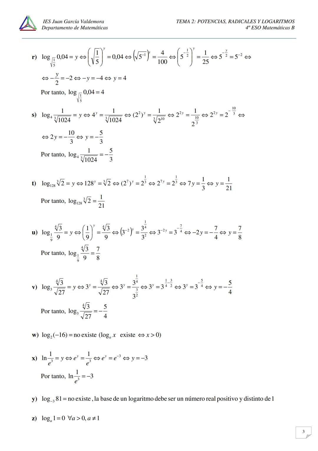 IES Juan García Valdemora
Departamento de Matemáticas
TEMA 2: POTENCIAS, RADICALES Y LOGARITMOS
4º ESO Matemáticas B
EJERCICIOS LOGARITMOS.