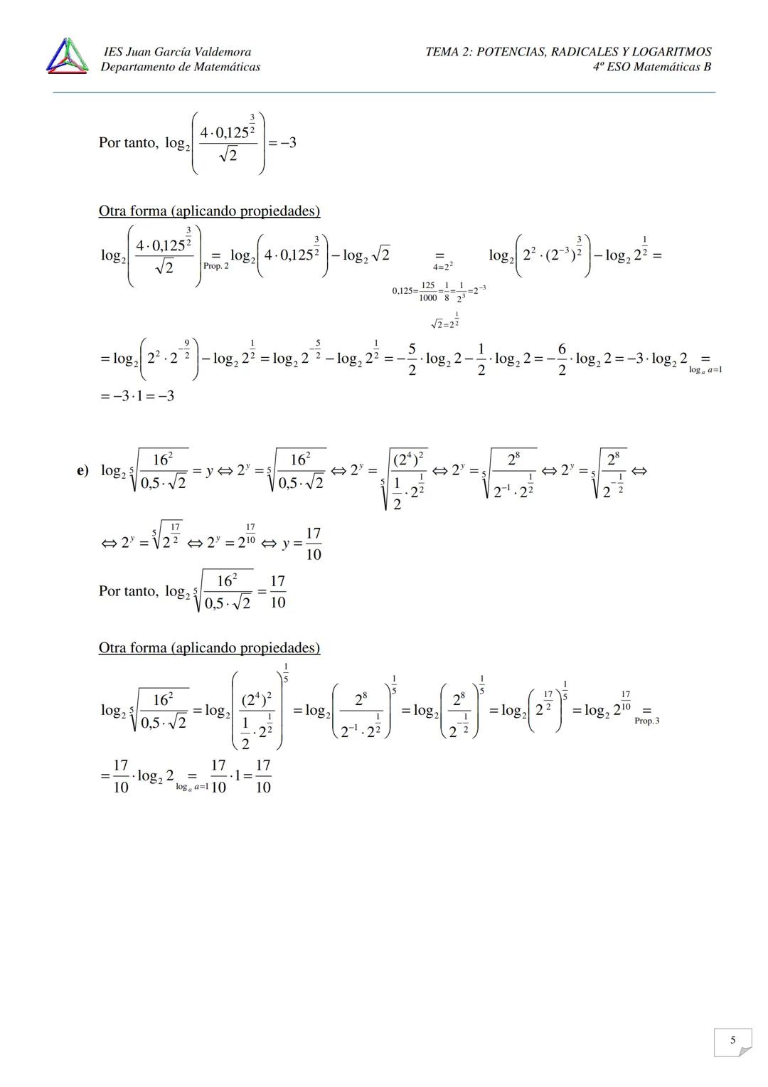 IES Juan García Valdemora
Departamento de Matemáticas
TEMA 2: POTENCIAS, RADICALES Y LOGARITMOS
4º ESO Matemáticas B
EJERCICIOS LOGARITMOS.