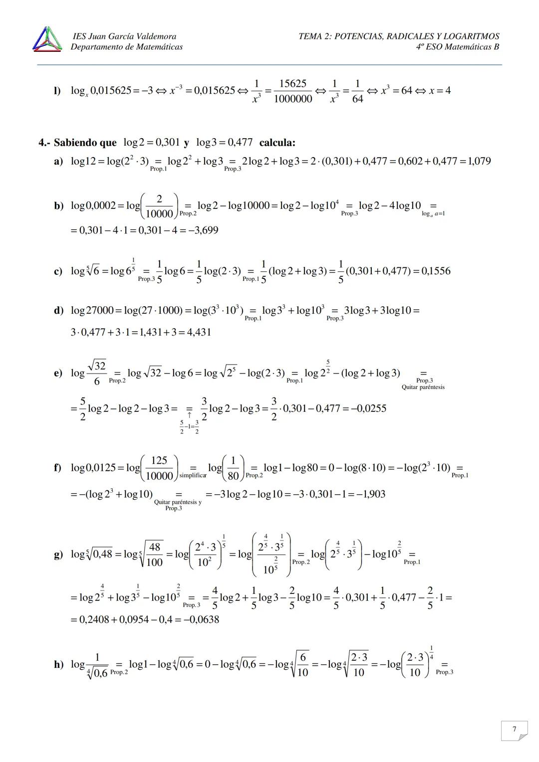 IES Juan García Valdemora
Departamento de Matemáticas
TEMA 2: POTENCIAS, RADICALES Y LOGARITMOS
4º ESO Matemáticas B
EJERCICIOS LOGARITMOS.