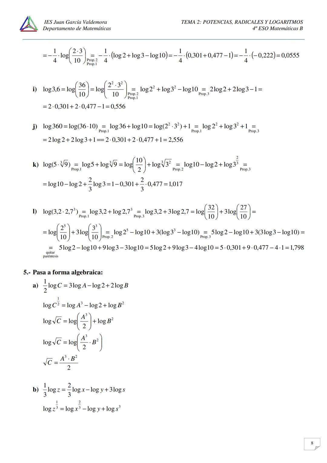 IES Juan García Valdemora
Departamento de Matemáticas
TEMA 2: POTENCIAS, RADICALES Y LOGARITMOS
4º ESO Matemáticas B
EJERCICIOS LOGARITMOS.