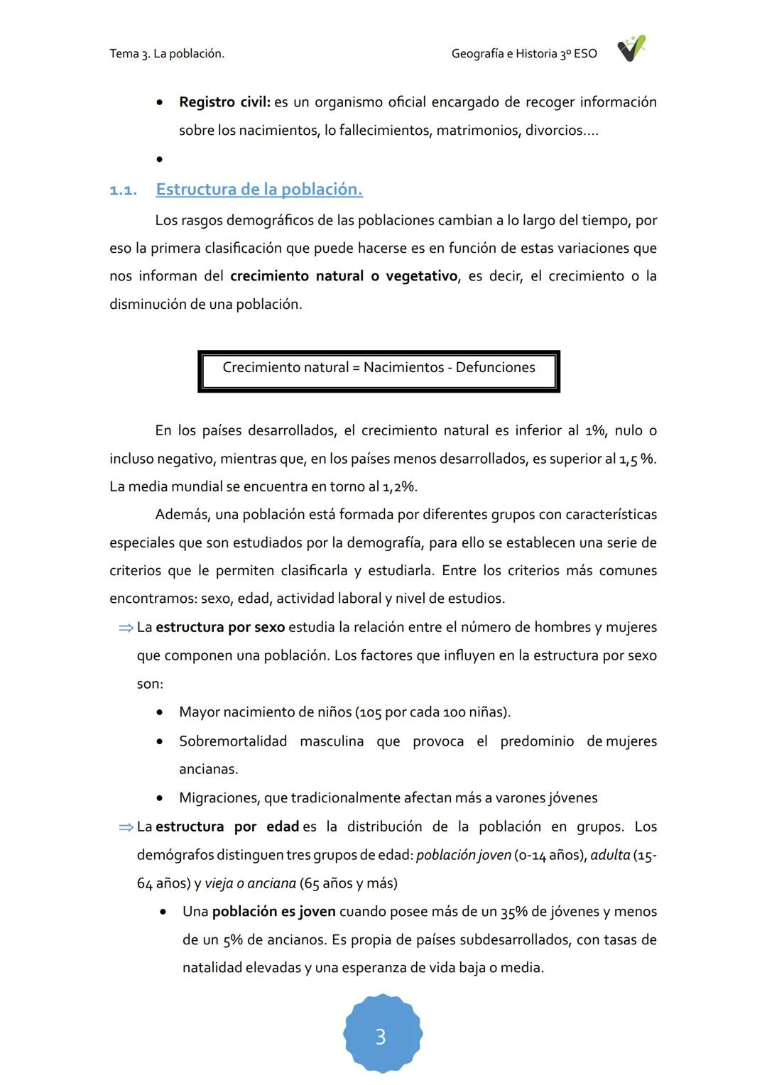 Tema 3. La población.
Geografía e Historia 3º ESO
TEMA 3.
LA POBLACIÓN
1. LA POBLACIÓN
1.1. Estructura de la población
1.2. El crecimie
