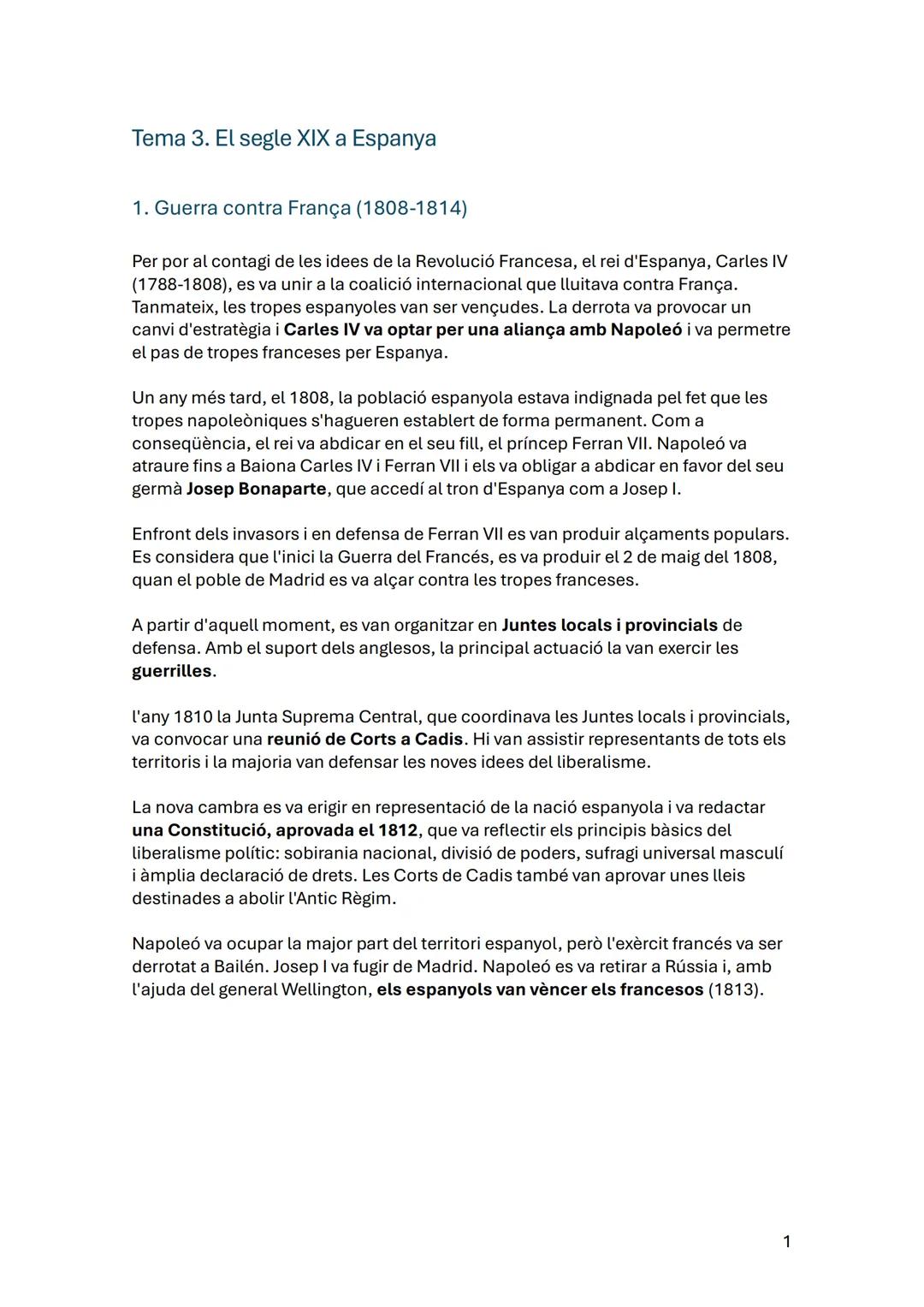 Tema 3. El segle XIX a Espanya
1. Guerra contra França (1808-1814)
Per por al contagi de les idees de la Revolució Francesa, el rei d'Espa