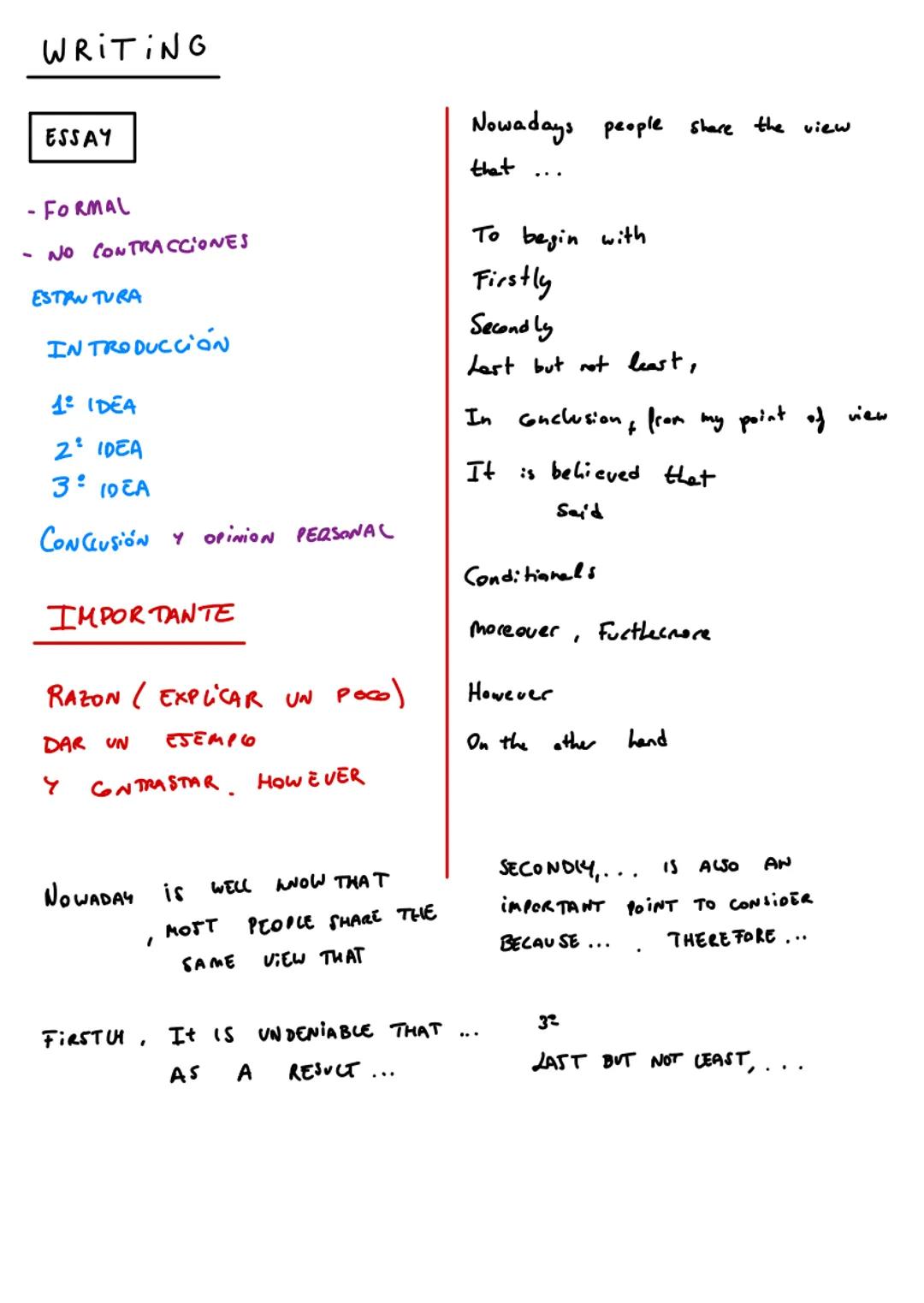 WRITING
ESSAY
- FORMAL
- NO CONTRACCIONES
ESTRUTURA
INTRODUCCIÓN
1° IDEA
2 IDEA
3° 102A
CONCLUSIÓN Y OPINION PERSONAL
IMPORTANTE
RAZ