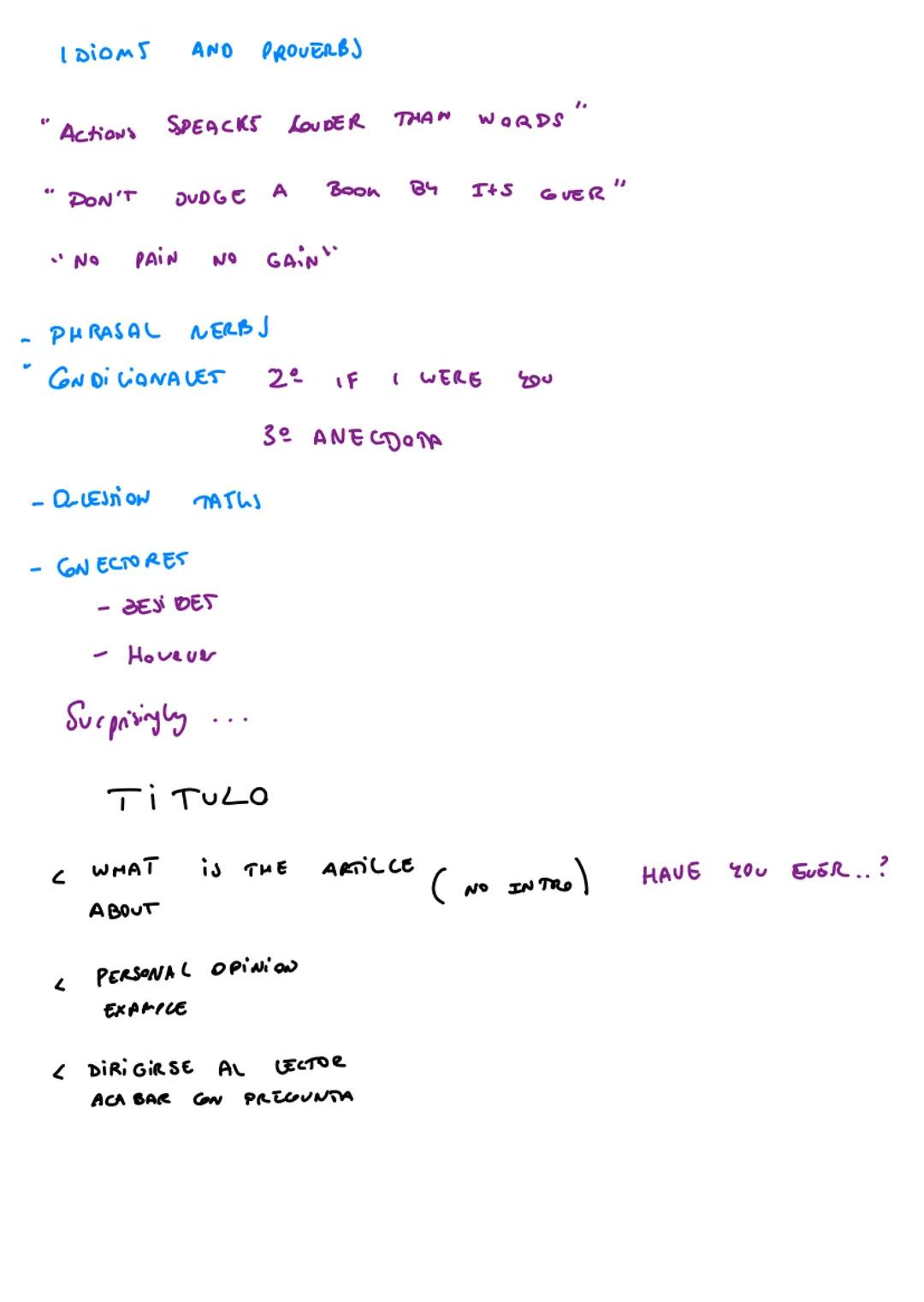 WRITING
ESSAY
- FORMAL
- NO CONTRACCIONES
ESTRUTURA
INTRODUCCIÓN
1° IDEA
2 IDEA
3° 102A
CONCLUSIÓN Y OPINION PERSONAL
IMPORTANTE
RAZ