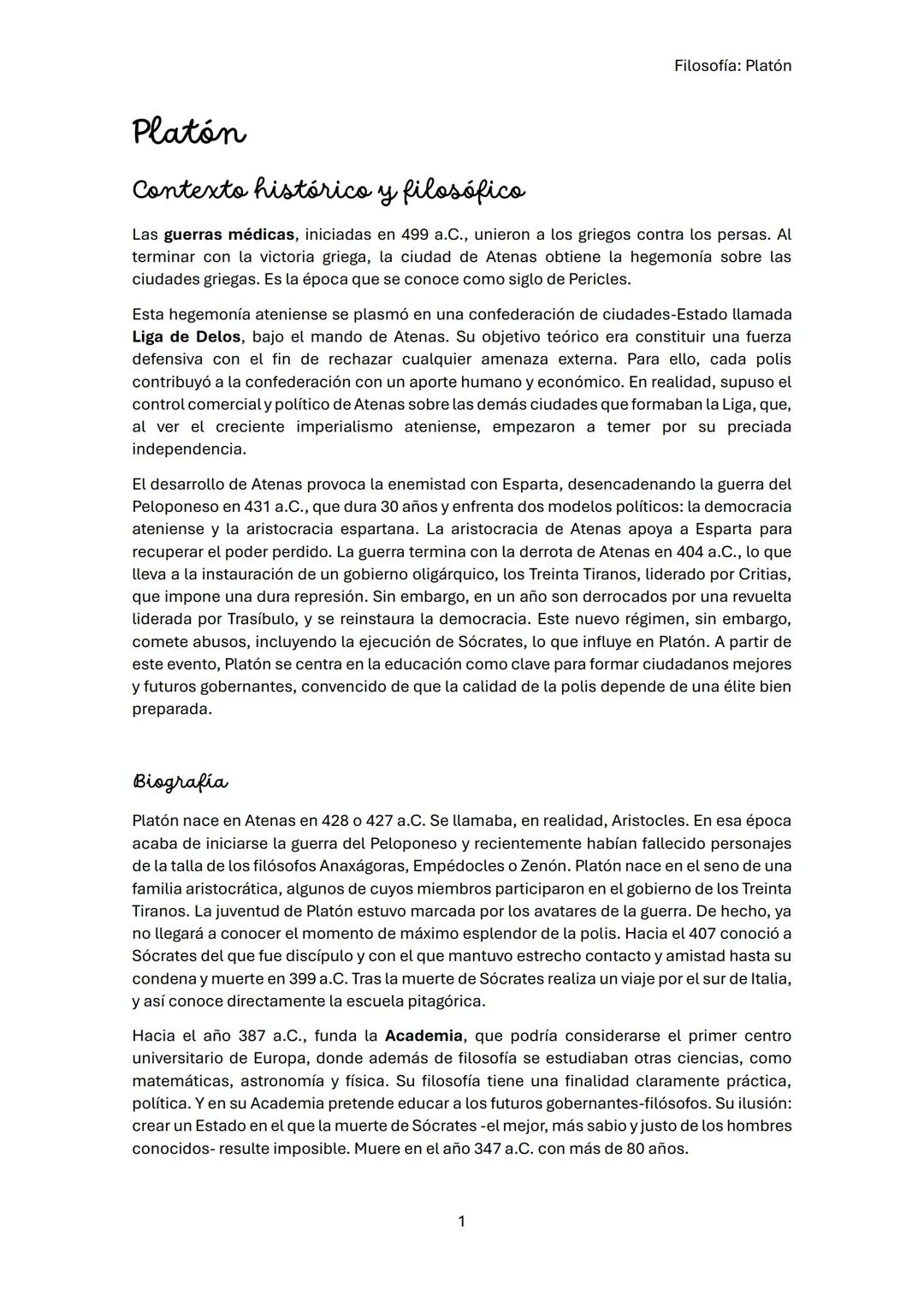 # PLATÓN --- OCR Start ---
Filosofía: Platón
Platón
Contexto histórico y filosófico
Las guerras médicas, iniciadas en 499 a.C., unieron a lo