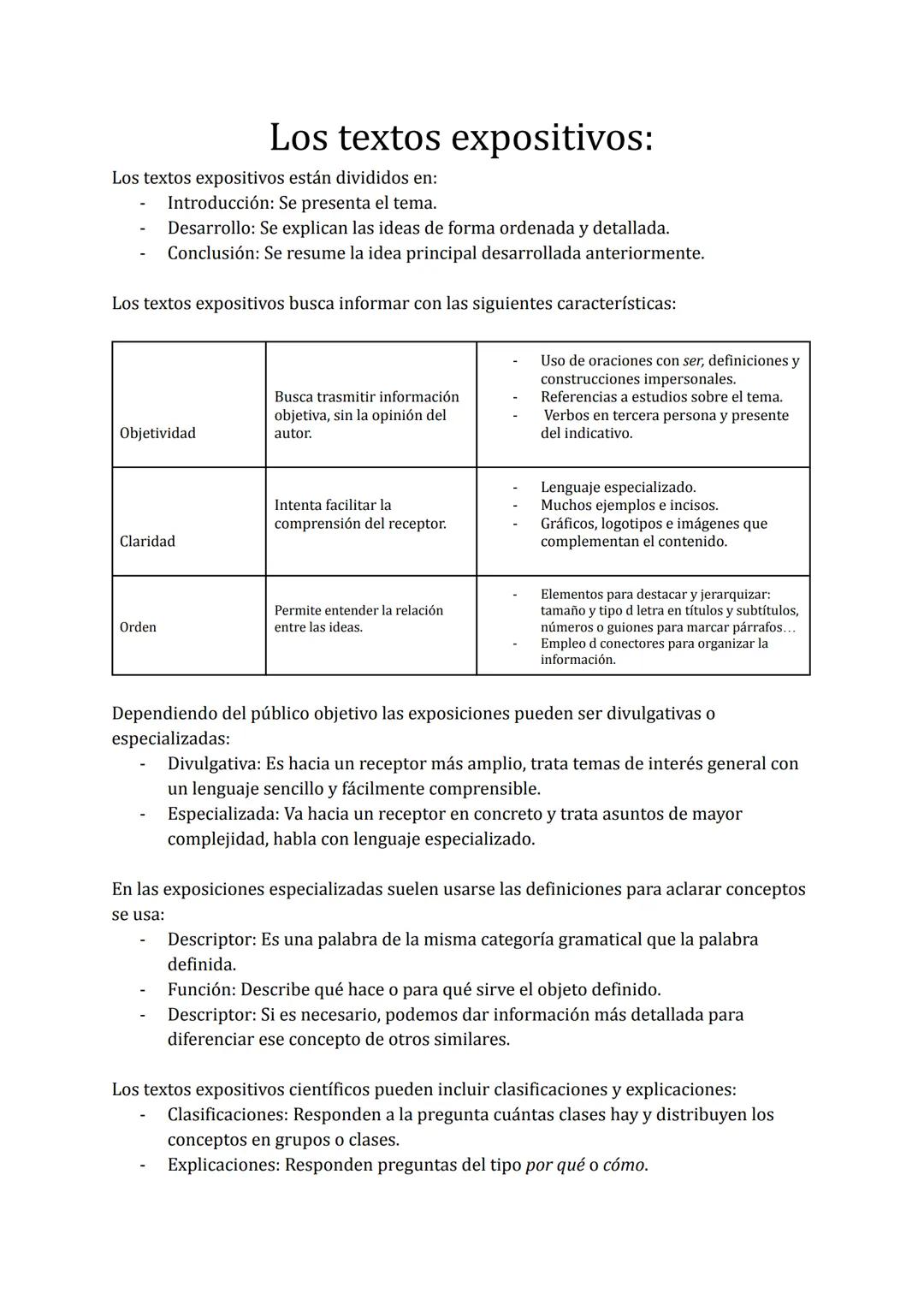 --- OCR Start ---
Los textos expositivos:
Los textos expositivos están divididos en:
- Introducción: Se presenta el tema.
- Desarrollo: Se e