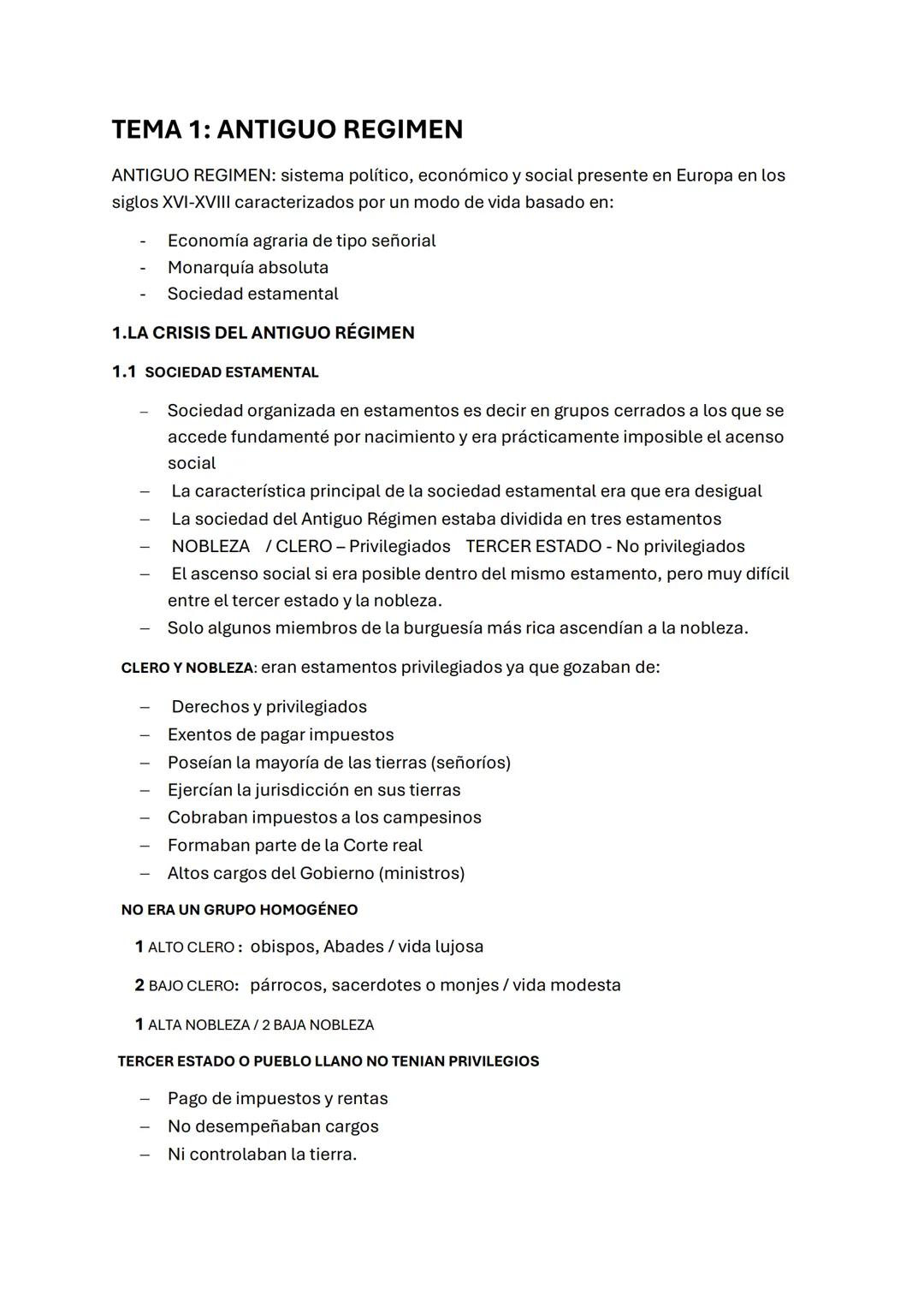 --- OCR Start ---
ΤΕΜΑ 1: ANTIGUO REGIMEN
ANTIGUO REGIMEN: sistema político, económico y social presente en Europa en los
siglos XVI-XVIII c