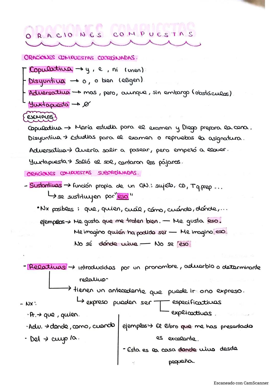 --- OCR Start ---
ORACIONES COMPUESTA
ORACIONES COMPUESTAS COORDINADAS.
Copulatiuay, e, ni (unen)
Disyuntivao, o bien (eligen).
Adversativa