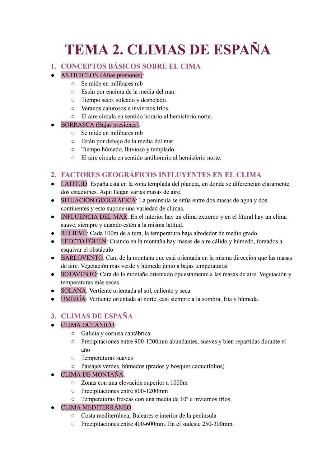 # TEMA 2. CLIMAS DE ESPAÑA
1. CONCEPTOS BÁSICOS SOBRE EL CIMA
* ANTICICLÓN (Altas presiones):
* Se mide en milibares mb
* Est