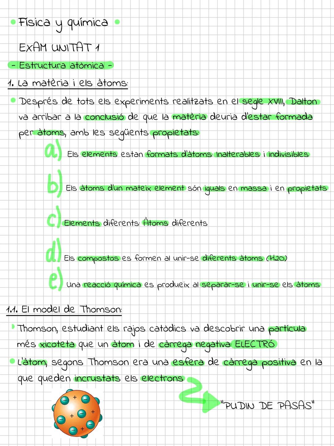 --- OCR Start ---
Física y química
EXAM UNITAT 1
Estructura atòmica
1. La matèria i els àtoms:
Després de tots els experiments realitzats en