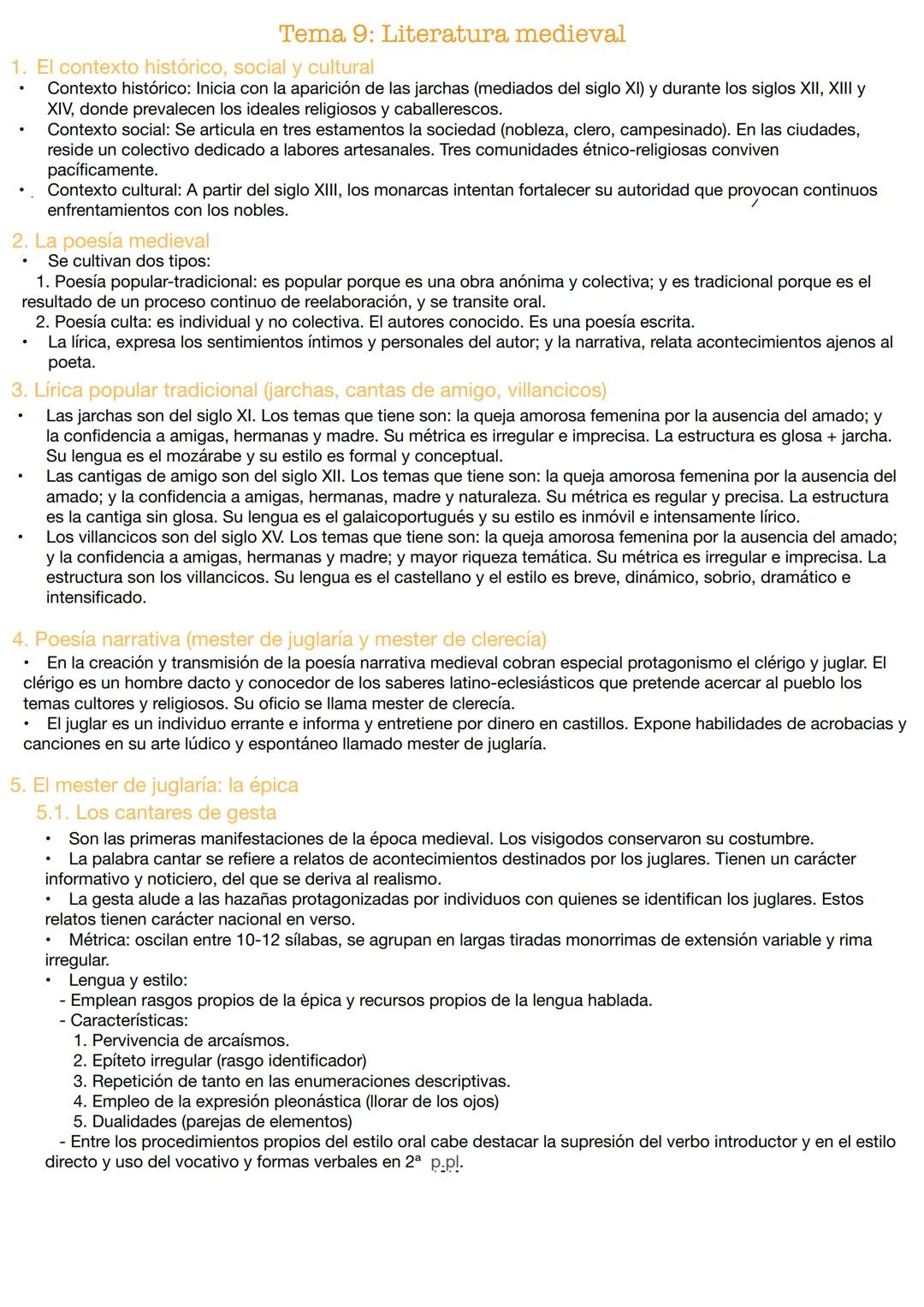 # Tema 9: Literatura medieval
1. El contexto histórico, social y cultural
* Contexto histórico: Inicia con la aparición de las jarch