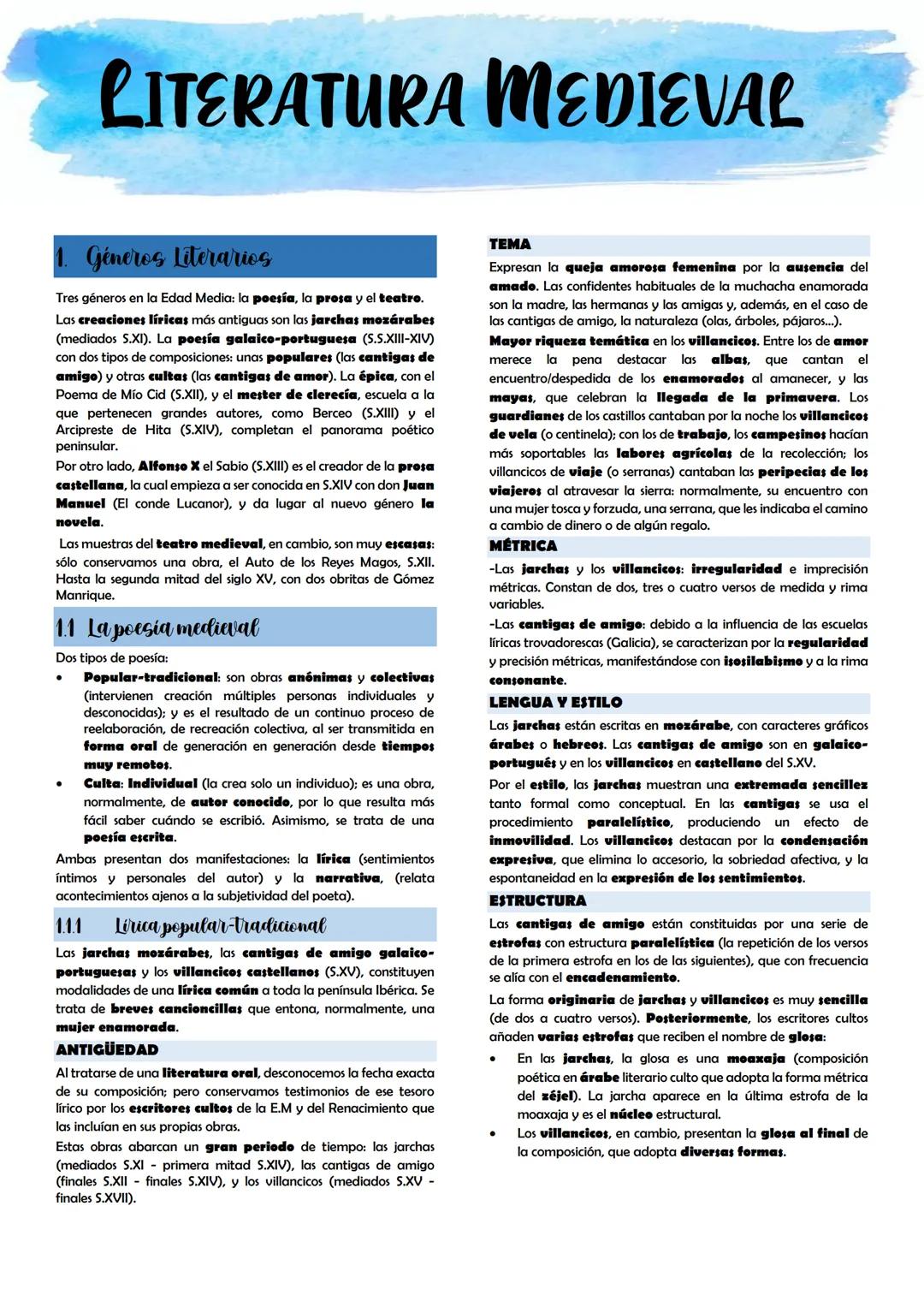 # LITERATURA MEDIEVAL
1. Géneros Literarios
Tres géneros en la Edad Media: la poesía, la prosa y el teatro.
Las creaciones líricas más ant