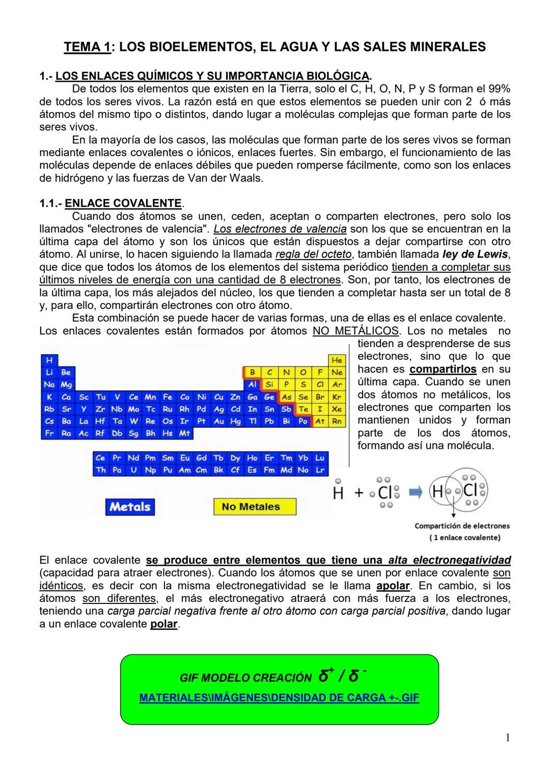 # TEMA 1: LOS BIOELEMENTOS, EL AGUA Y LAS SALES MINERALES
1.- LOS ENLACES QUÍMICOS Y SU IMPORTANCIA BIOLÓGICA.
De todos los elementos que e
