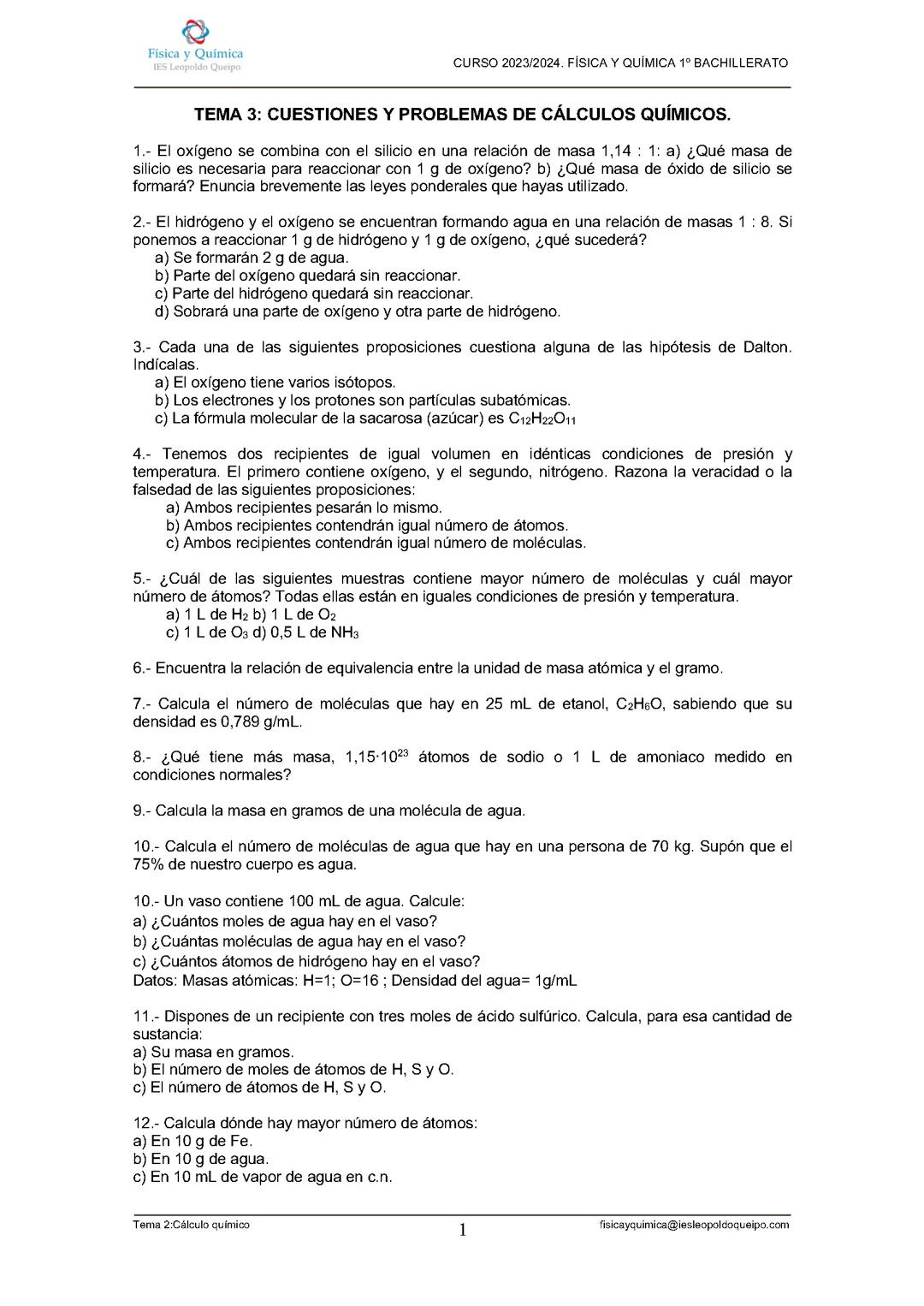 Ejercicios cálculos químicos