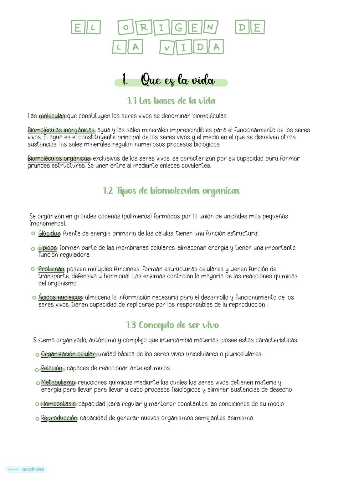 # EL ORIGEN DE LA VIDA
1. Que es la vida
1.1 Las bases de la vida
Las moléculas que constituyen los seres vivos se denominan biomoléculas