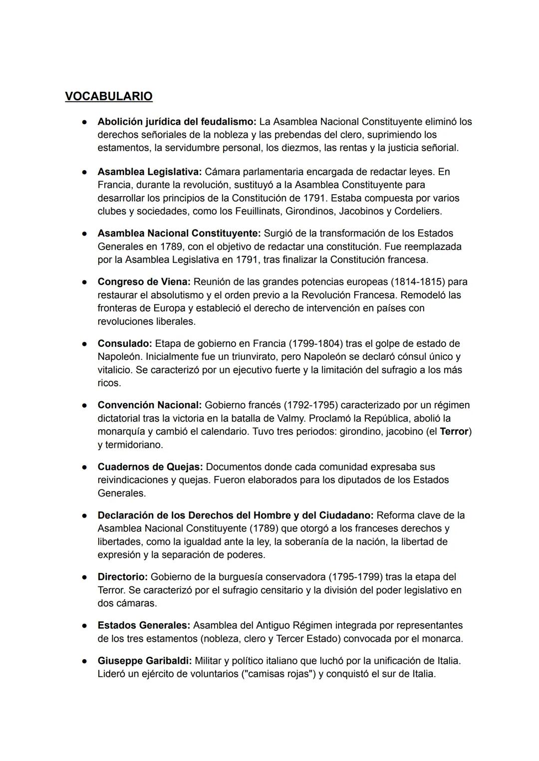 # VOCABULARIO
- Abolición jurídica del feudalismo: La Asamblea Nacional Constituyente eliminó los
derechos señoriales de la nobleza y las p