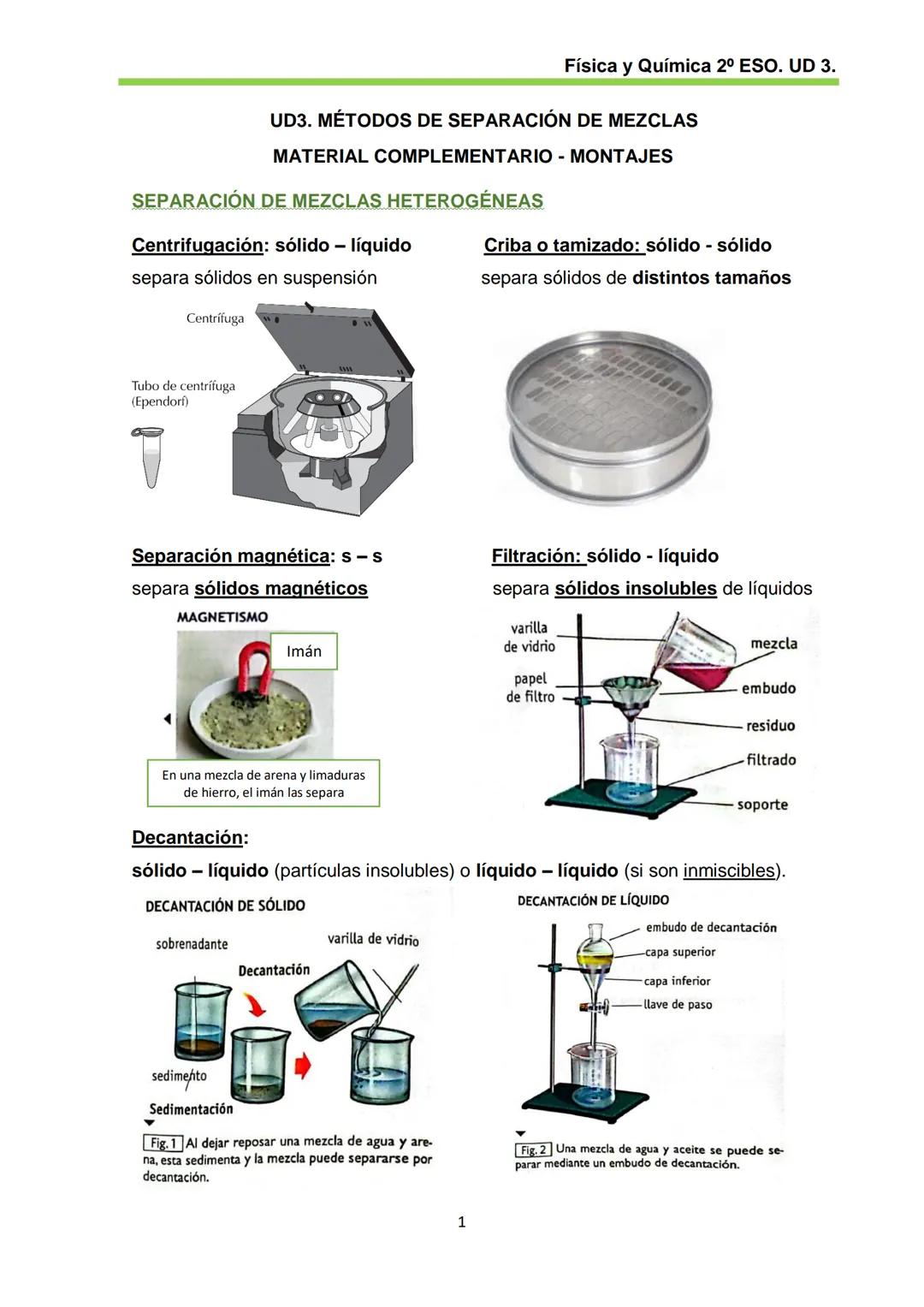 Física y Química 2º ESO. UD 3.
UD3. MÉTODOS DE SEPARACIÓN DE MEZCLAS
MATERIAL COMPLEMENTARIO - MONTAJES
SEPARACIÓN DE MEZCLAS HETEROGÉNEA