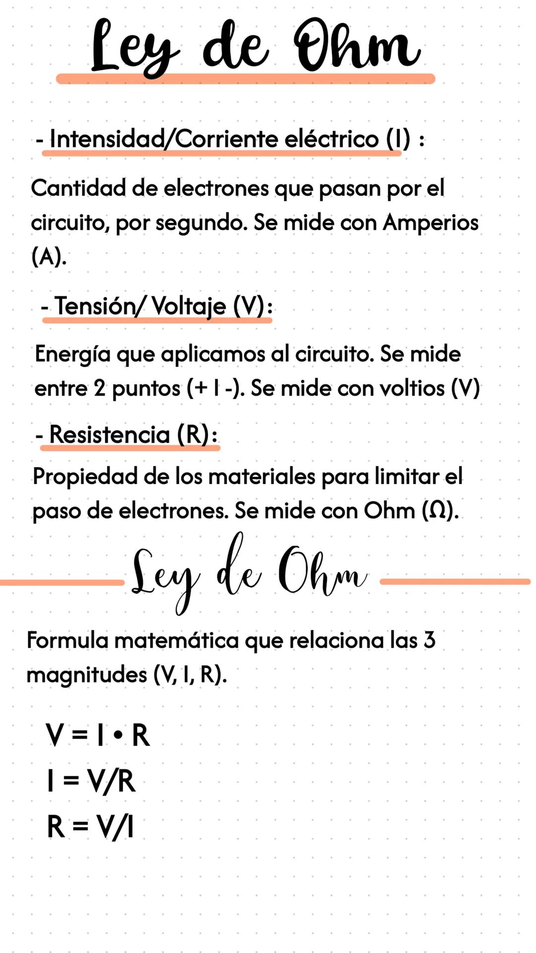 --- OCR Start ---
Ley de Ohm
- Intensidad/Corriente eléctrico (I) :
Cantidad de electrones que pasan por el
circuito, por segundo. Se mide c