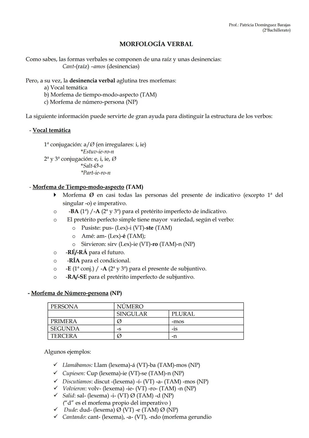 Prof.: Patricia Domínguez Barajas
(2 Bachillerato)
# MORFOLOGÍA VERBAL
Como sabes, las formas verbales se componen de una raíz y unas desi