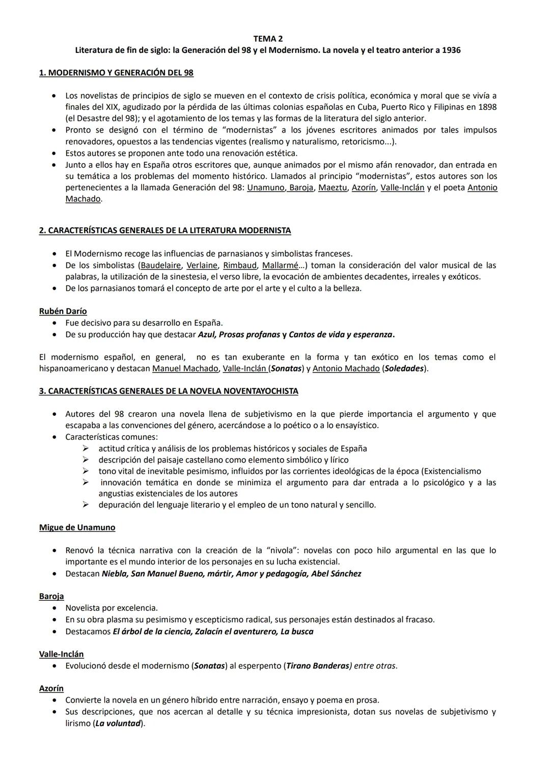 --- OCR Start ---
TEMA 2
Literatura de fin de siglo: la Generación del 98 y el Modernismo. La novela y el teatro anterior a 1936
1. MODERNIS