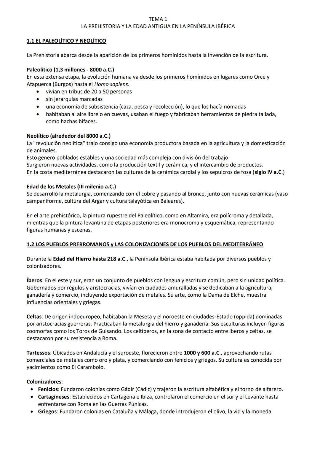 # TEMA 1
LA PREHISTORIA Y LA EDAD ANTIGUA EN LA PENÍNSULA IBÉRICA
1.1 EL PALEOLÍTICO Y NEOLÍTICO
La Prehistoria abarca desde la aparición