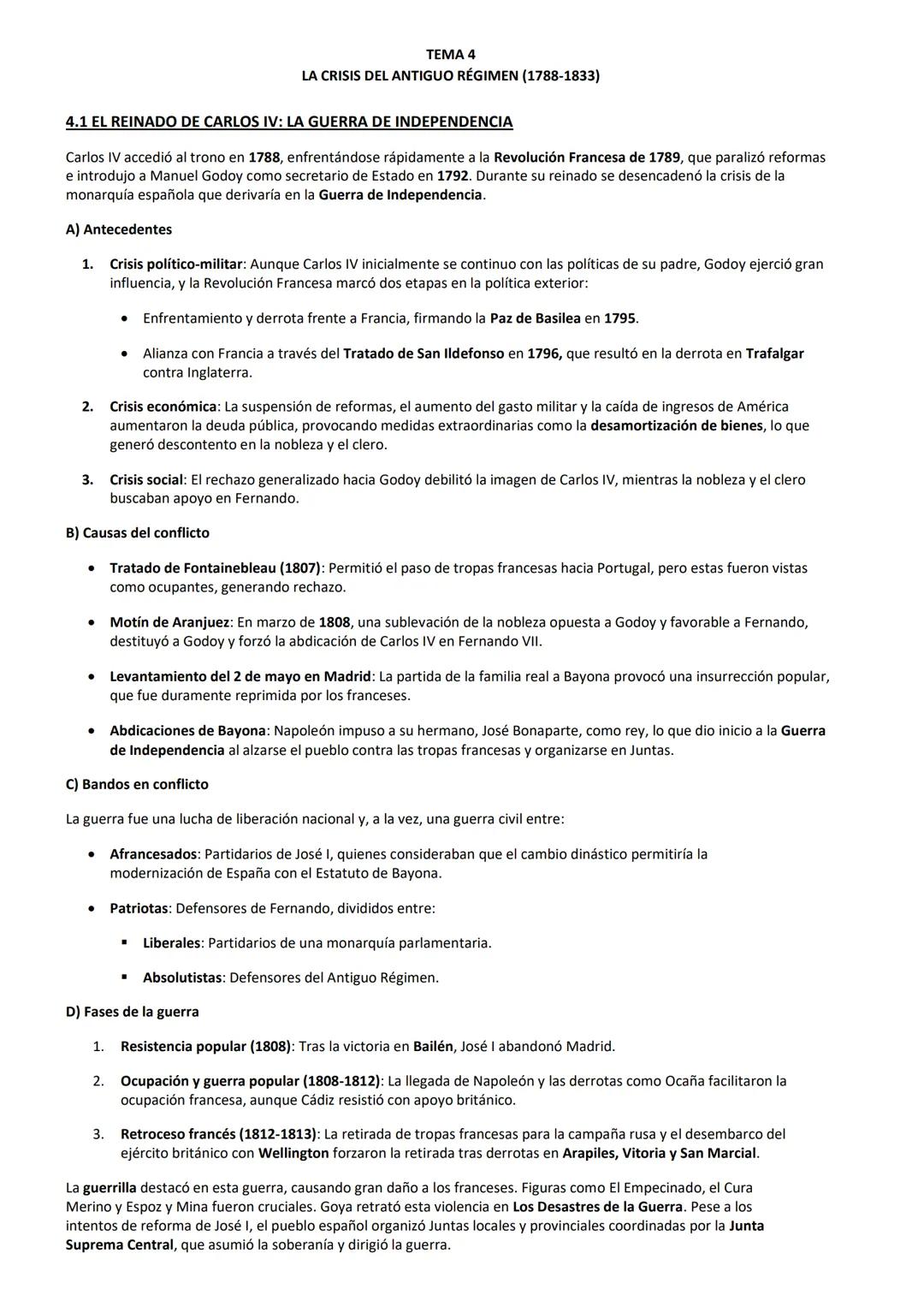 TEMA 4
LA CRISIS DEL ANTIGUO RÉGIMEN (1788-1833)
4.1 EL REINADO DE CARLOS IV: LA GUERRA DE INDEPENDENCIA
Carlos IV accedió al trono en 178