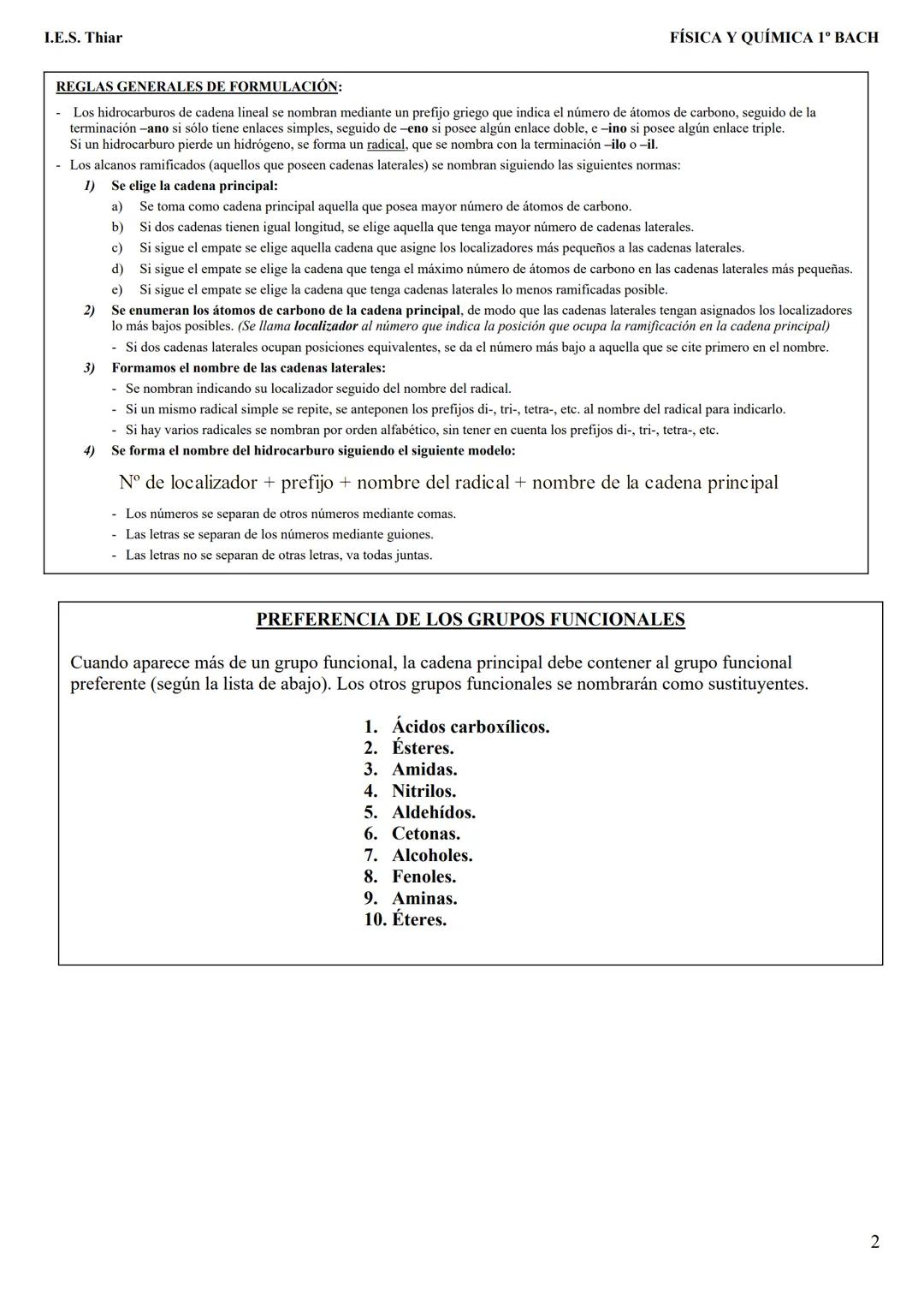 --- OCR Start ---
I.E.S. Thiar
REGLAS GENERALES DE FORMULACIÓN:
FÍSICA Y QUÍMICA 1º BACH
Los hidrocarburos de cadena lineal se nombran media