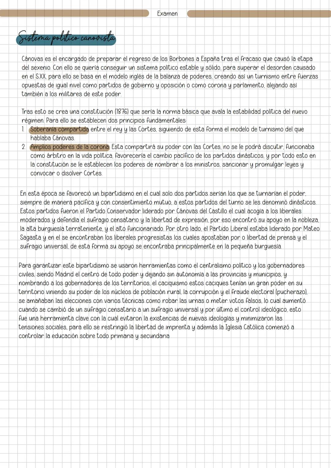 # História Examen
Sistema politico canovista
Cánovas es el encargado de preparar el regreso de los Borbones a España tras el fracaso que c