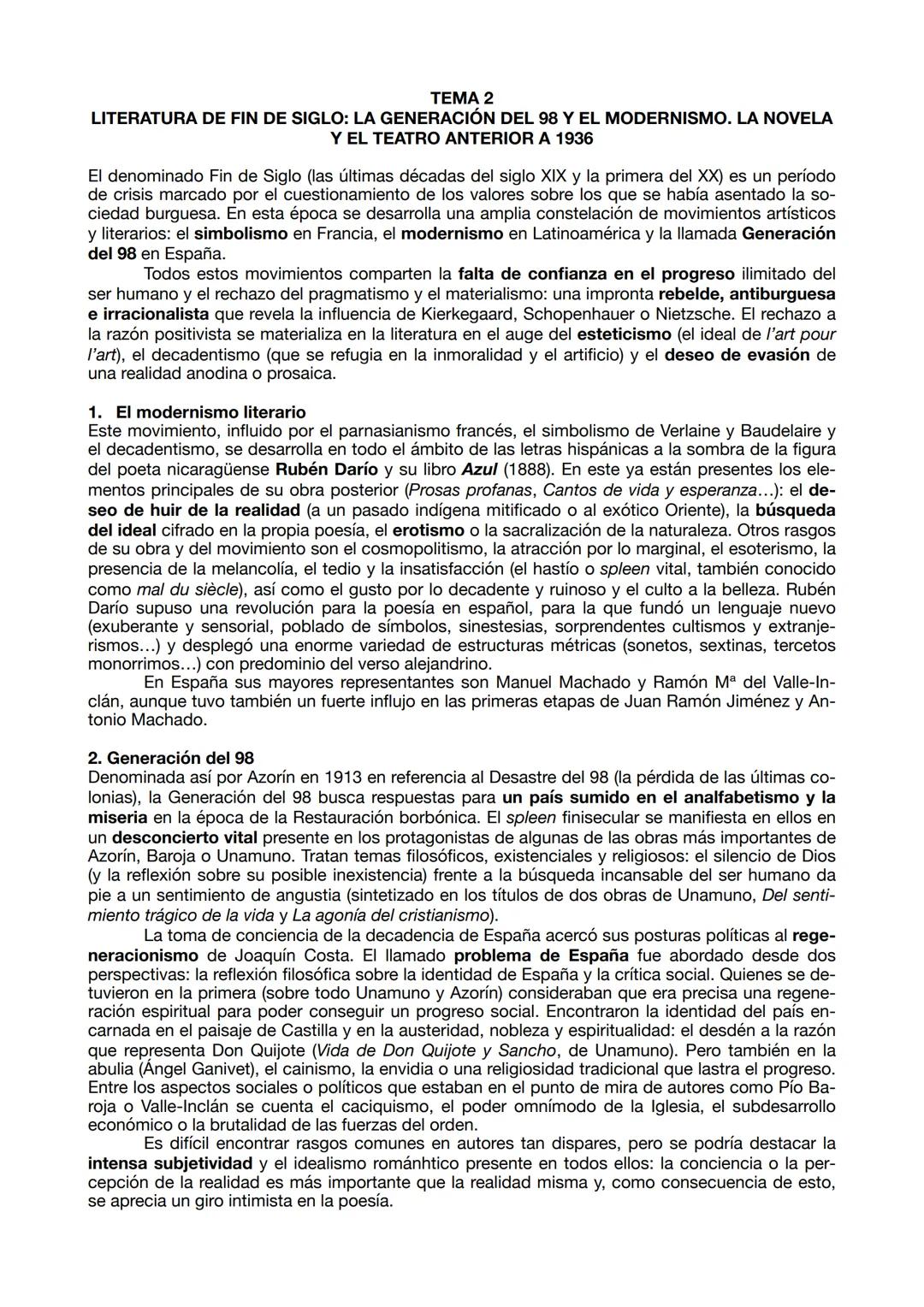 # TEMA 2
LITERATURA DE FIN DE SIGLO: LA GENERACIÓN DEL 98 Y EL MODERNISMO. LA NOVELA
Y EL TEATRO ANTERIOR A 1936
El denominado Fin de Sigl