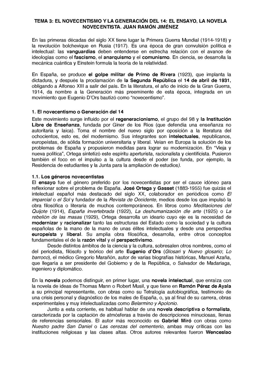 Literatura TEMA 3 Novecentismo y generacion del 14