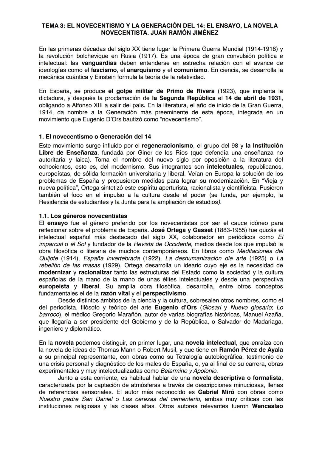 # TEMA 3: EL NOVECENTISMO Y LA GENERACIÓN DEL 14: EL ENSAYO, LA NOVELA
NOVECENTISTA. JUAN RAMÓN JIMÉNEZ
En las primeras décadas del siglo X