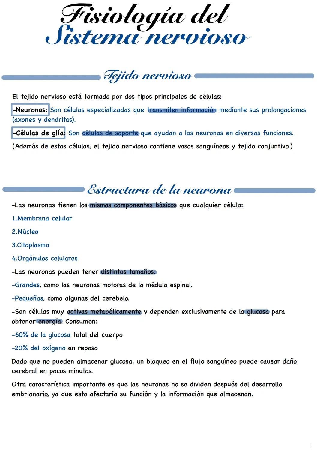 # Fisiologia del
Sistema nervioso
Tejido nervioso
El tejido nervioso está formado por dos tipos principales de células:
-Neuronas: Son cél