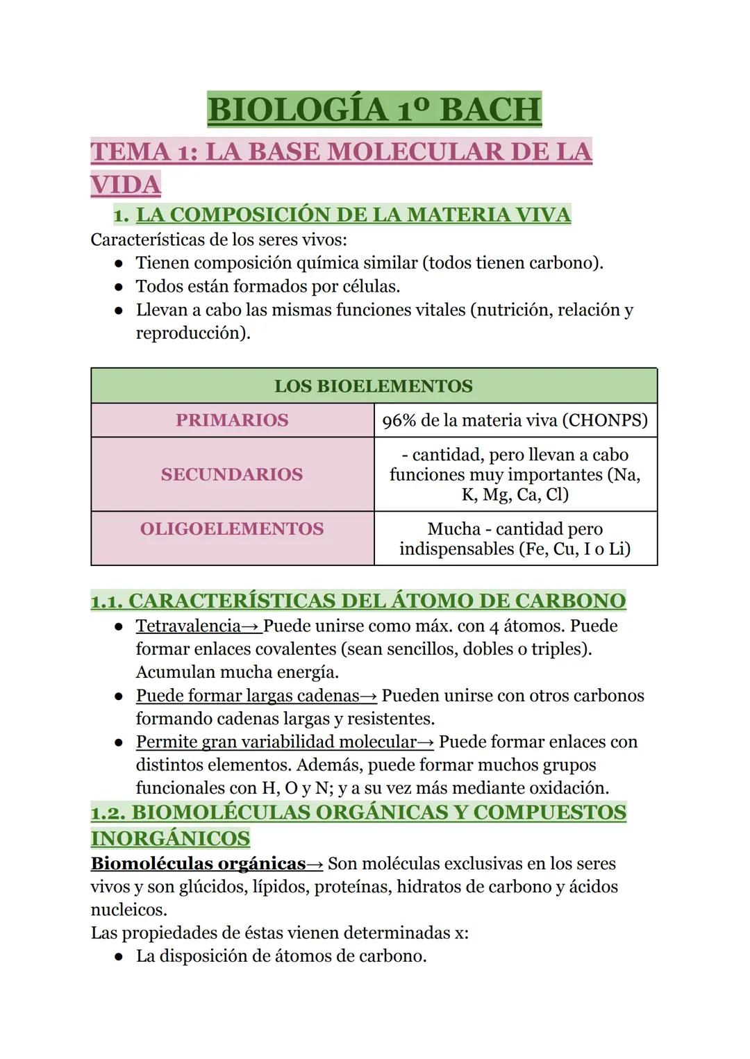 --- OCR Start ---
BIOLOGÍA 1º BACH
TEMA 1: LA BASE MOLECULAR DE LA
VIDA
1. LA COMPOSICIÓN DE LA MATERIA VIVA
Características de los seres vi