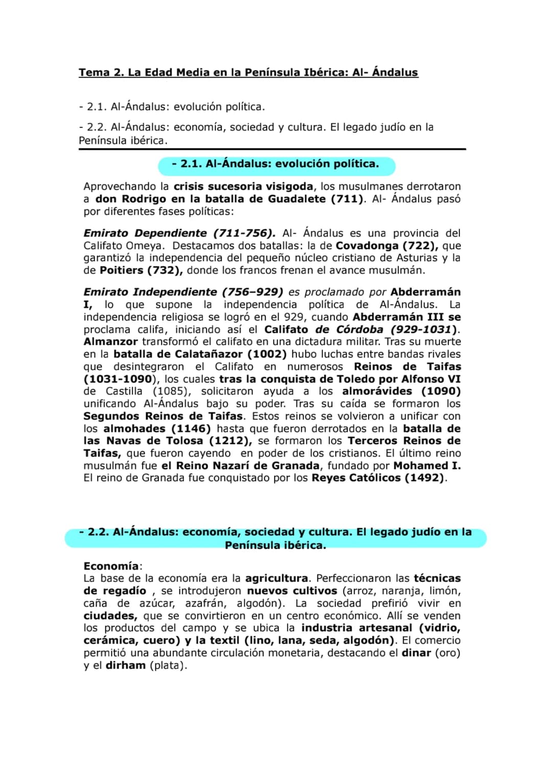 # Tema 2. La Edad Media en la Península Ibérica: Al- Ándalus
- 2.1. Al-Andalus: evolución política.
- 2.2. Al-Andalus: economía, sociedad