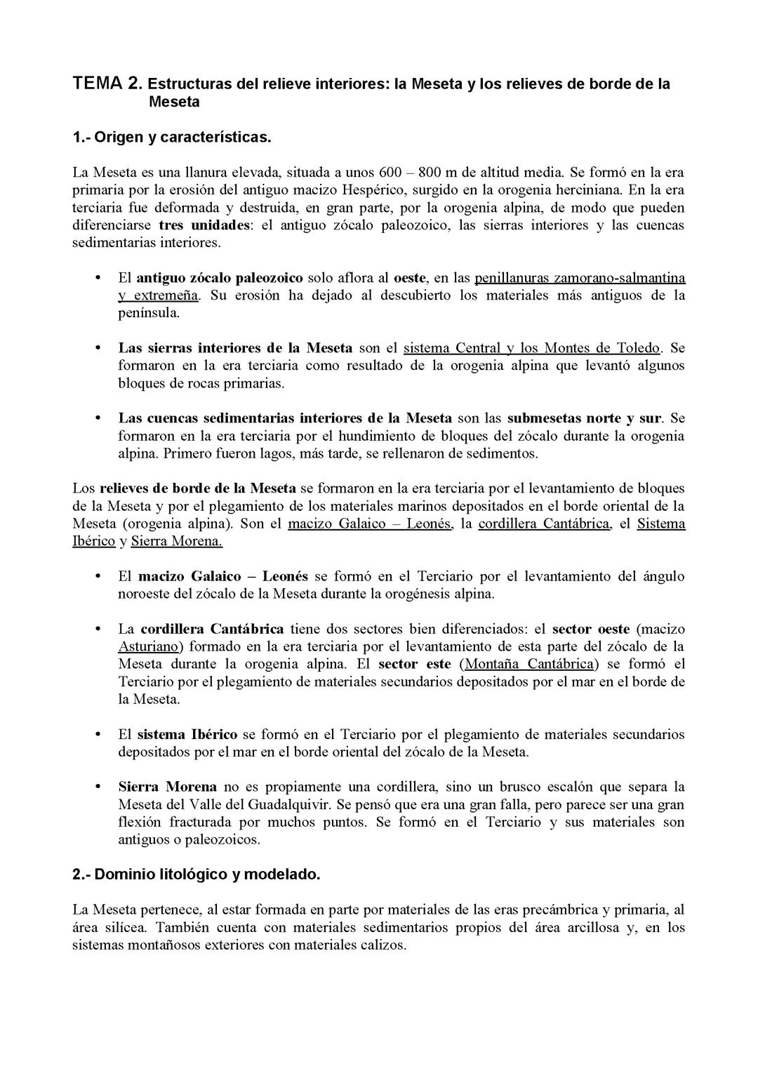 Tema 2: Estructura del relieve interiores. La Meseta y los relieves de borde de la Meseta