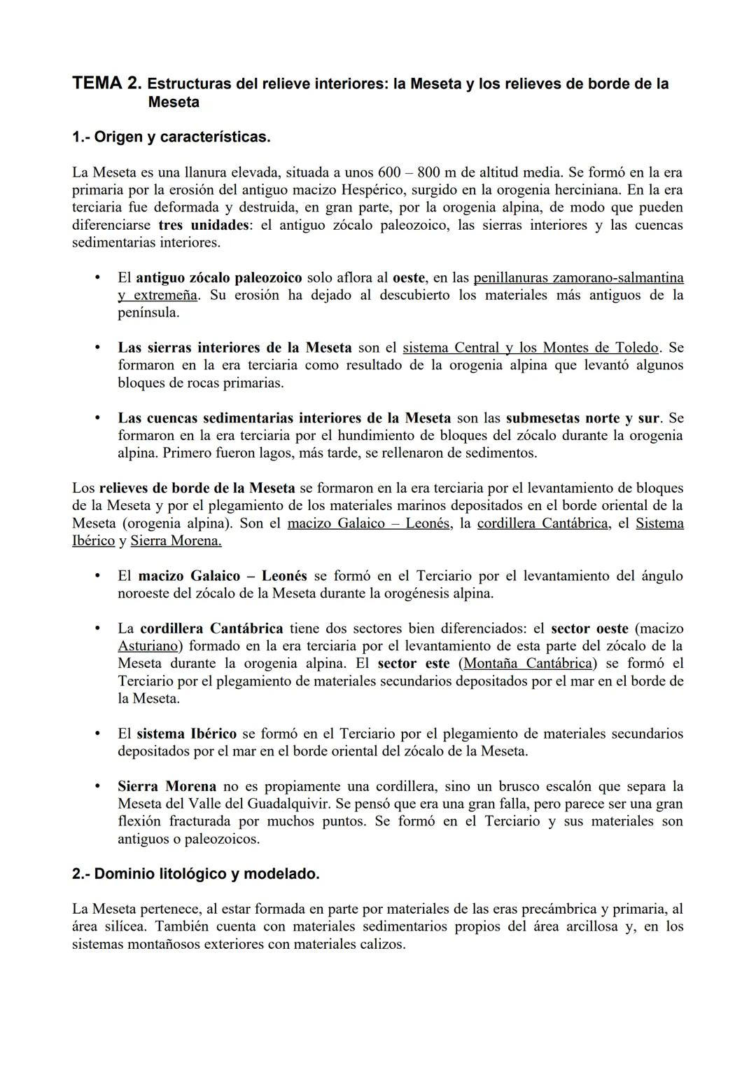 --- OCR Start ---
TEMA 2. Estructuras del relieve interiores: la Meseta y los relieves de borde de la
Meseta
1.- Origen y características.
L