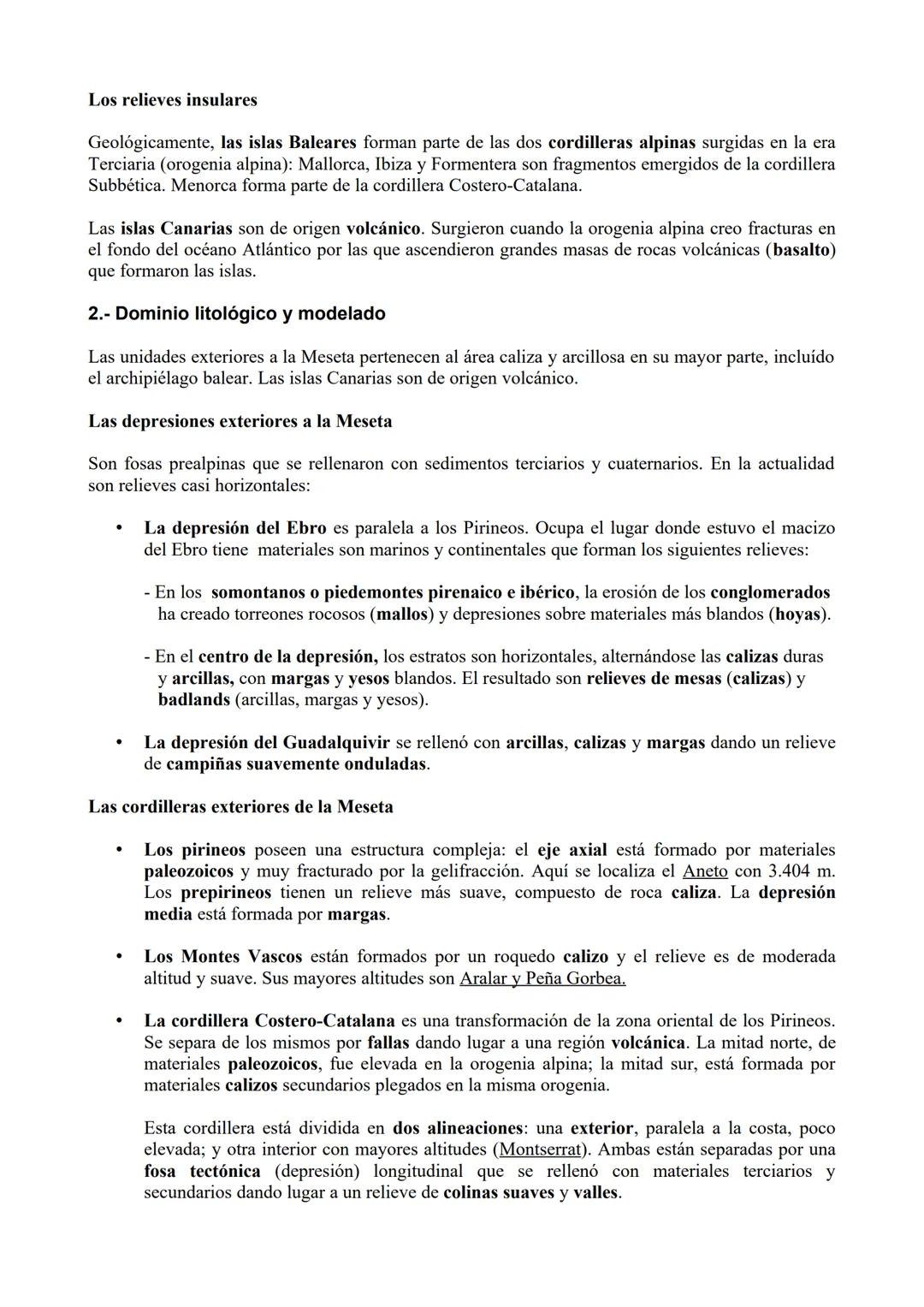 # TEMA 3. Estructura del relieve exterior a la Meseta y relieve insular:
depresiones, cordilleras y sistemas.
1.- Origen y características.