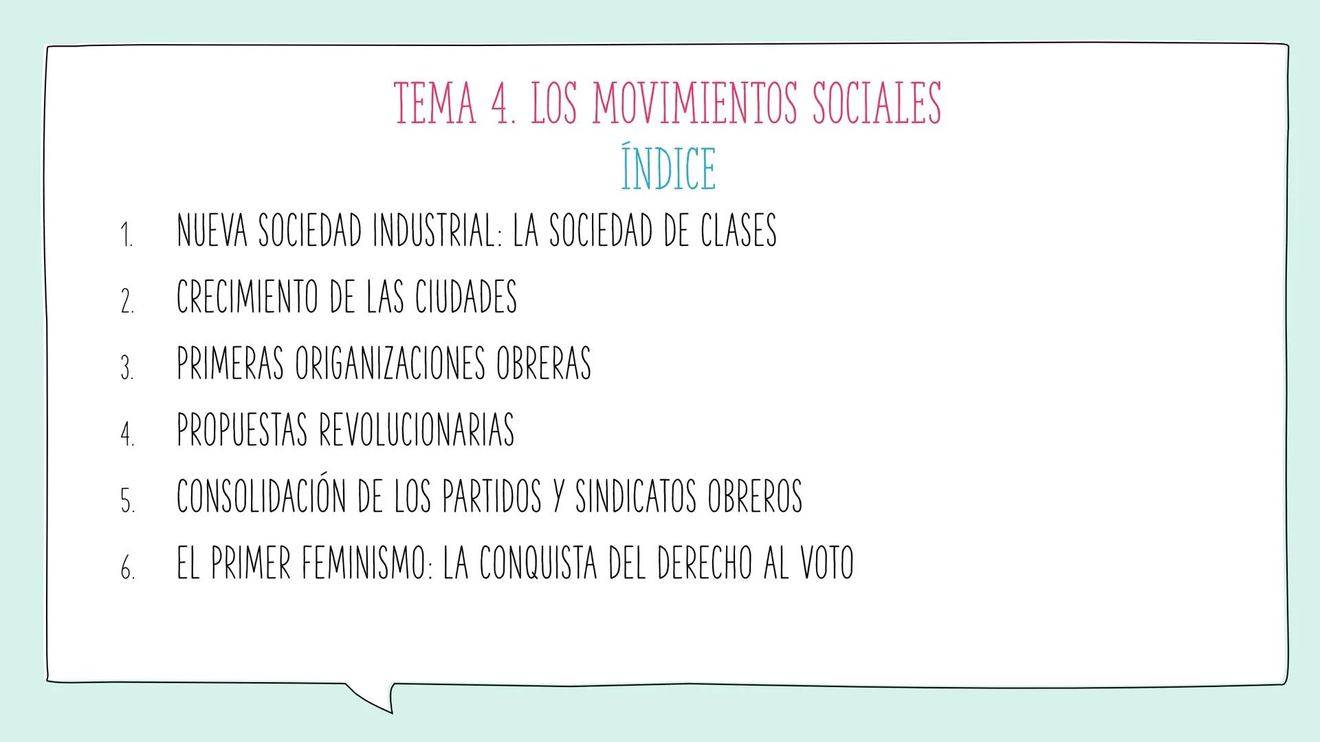 # TEMA 4. LOS MOVIMIENTOS SOCIALES
WOMEN
OTES
FOR
VOTES
FOR TEMA 4. LOS MOVIMIENTOS SOCIALES
ÍNDICE
1. NUEVA SOCIEDAD INDUSTRIAL: LA SO