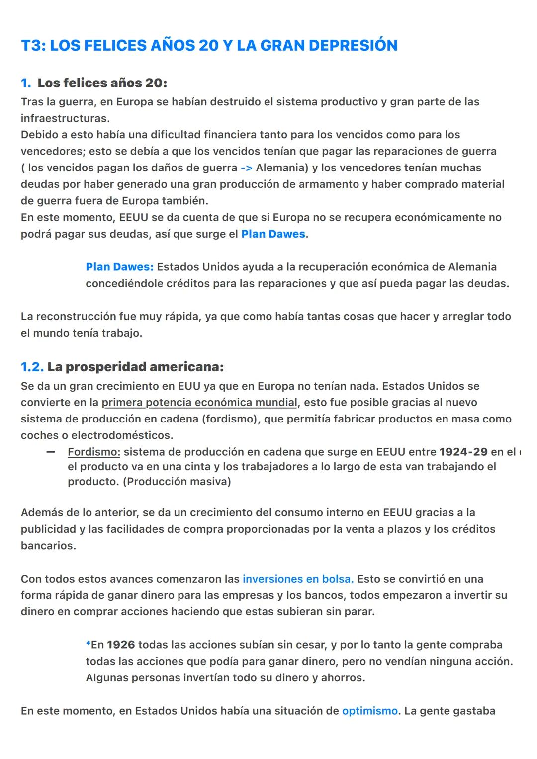 T3: LOS FELICES AÑOS 20 Y LA GRAN DEPRESIÓN
1. Los felices años 20:
Tras la guerra, en Europa se habían destruido el sistema productivo y gr
