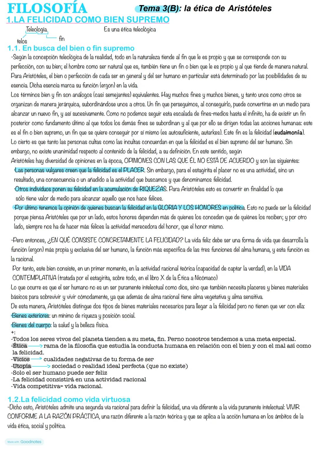 # FILOSOFÍA
Tema 3(B): la ética de Aristóteles
1.LA FELICIDAD COMO BIEN SUPREMO
Teleología.
*telos*
*fin*
Es una ética teleológica
1.1. En b