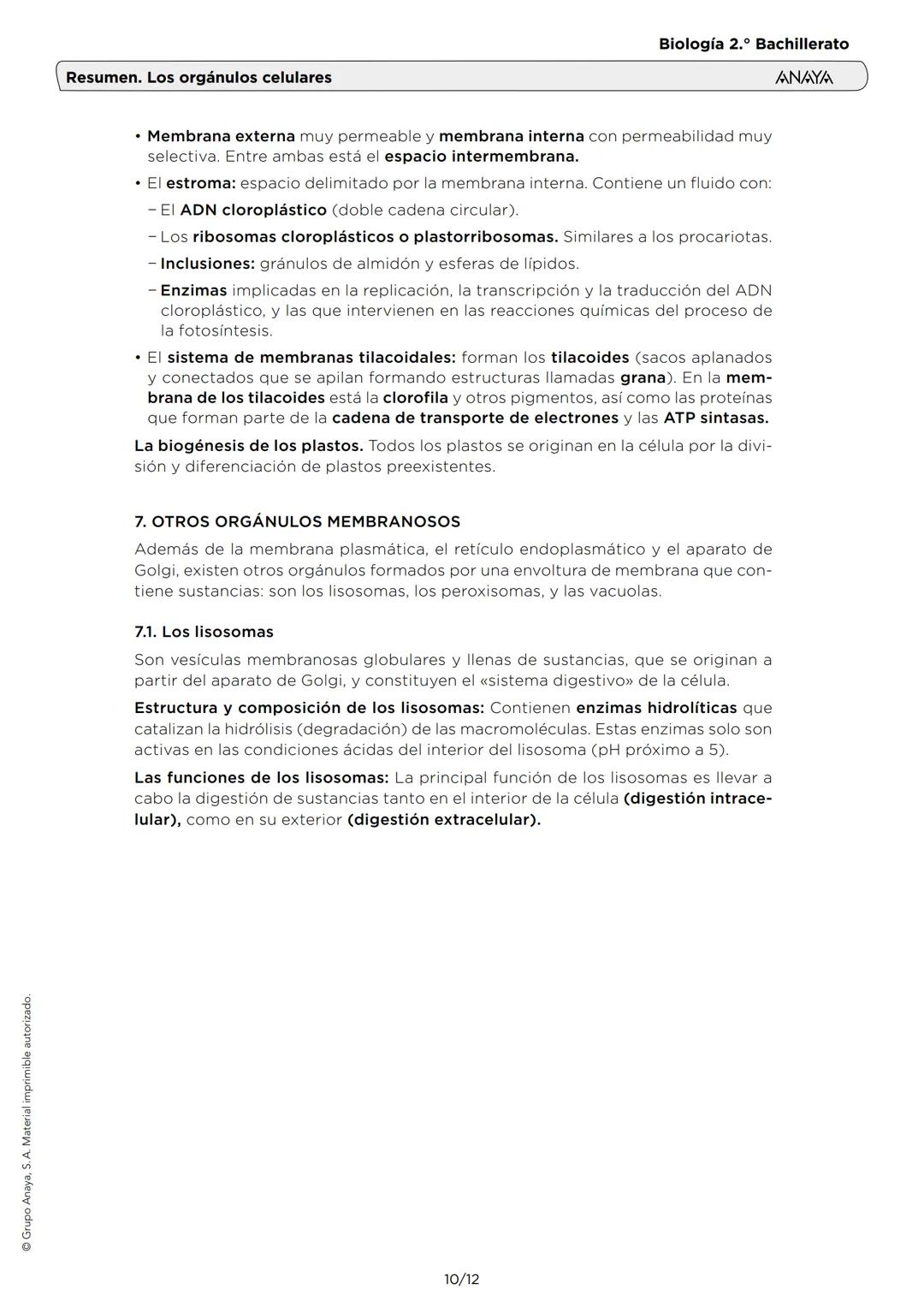 # Resumen. Los orgánulos celulares
Biología 2.º Bachillerato
ANAYA
1. EL CITOPLASMA Y EL CITOSOL
El citoplasma (interior de la célula) es