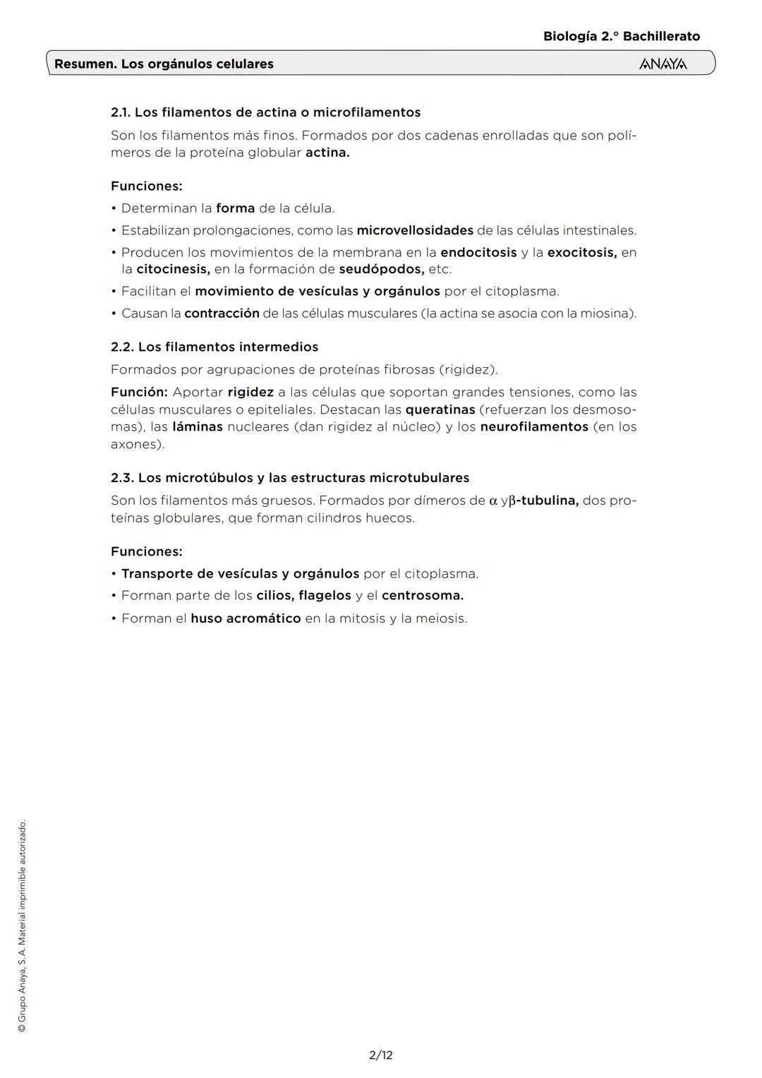 # Resumen. Los orgánulos celulares
Biología 2.º Bachillerato
ANAYA
1. EL CITOPLASMA Y EL CITOSOL
El citoplasma (interior de la célula) es