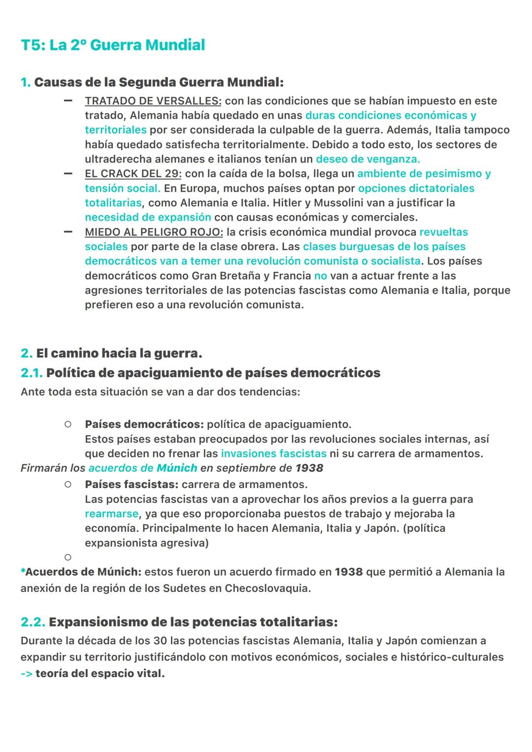 T5: La 2<sup>o</sup> Guerra Mundial
1. Causas de la Segunda Guerra Mundial:
- TRATADO DE VERSALLES: con las condiciones que se habían impues