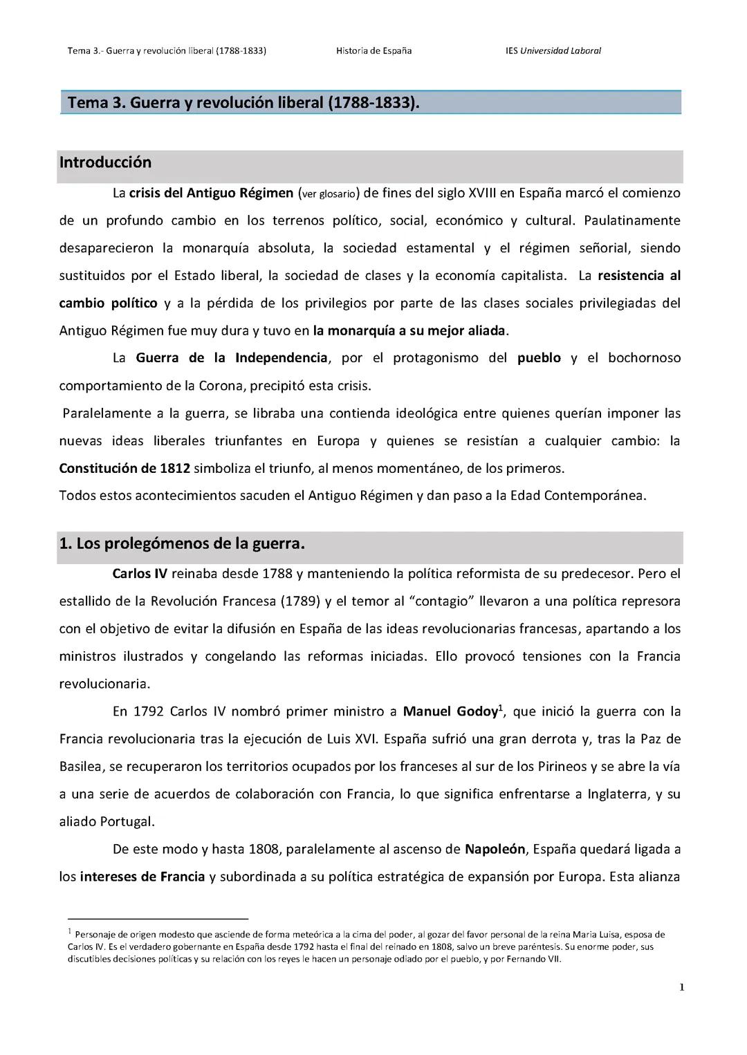 Tema 3 Historia de España: Guerra y revolución liberal