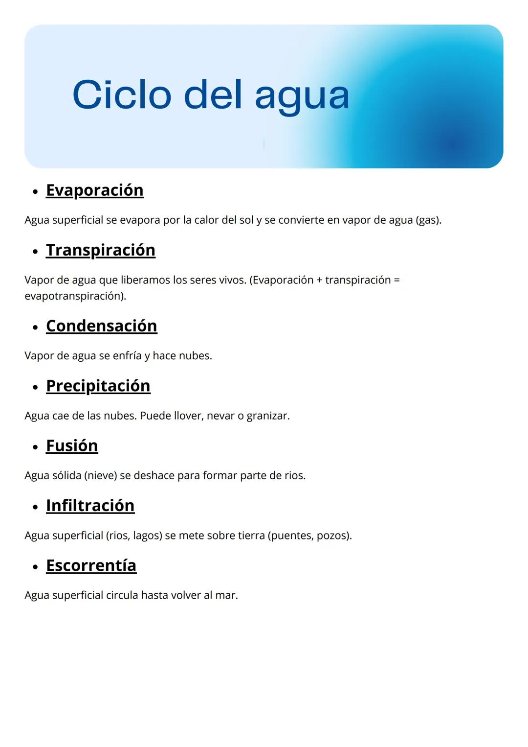 # Ciclo del agua
• Evaporación
Agua superficial se evapora por la calor del sol y se convierte en vapor de agua (gas).
• Transpiración
V